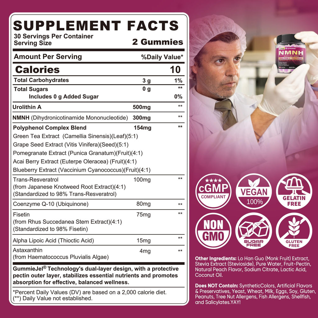 NMNH Gummies 300MG for Longevity with Urolithin A, Polyphenol Blend, Resveratrol, NAD+ Supplement for Women & Men Boost NAD+ Levels, Optimized Aging, Cell, DNA Repair, Energy, Focus, Sugar Free, 60cts Nextdia Au supplements