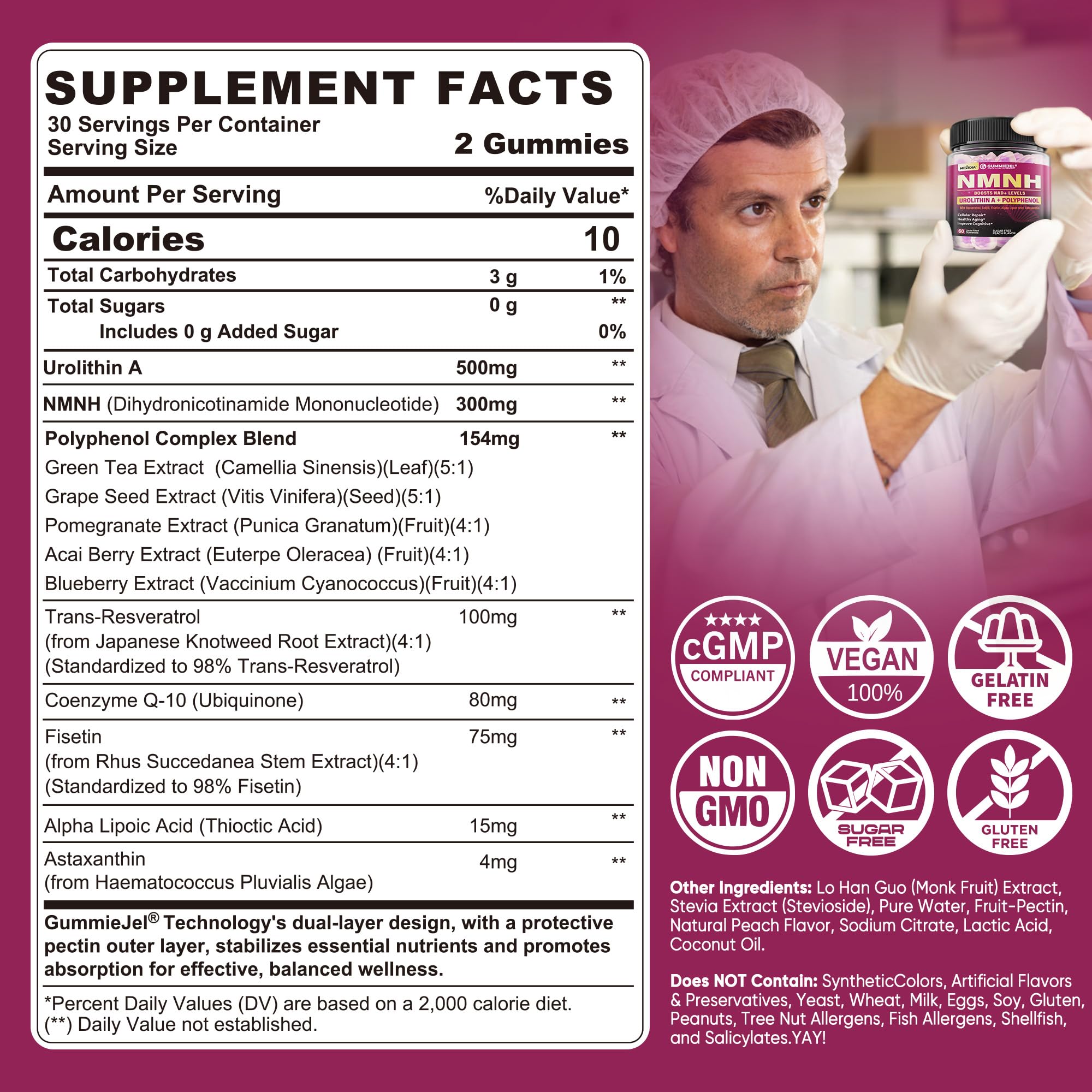 NMNH Gummies 300MG for Longevity with Urolithin A, Polyphenol Blend, Resveratrol, NAD+ Supplement for Women & Men Boost NAD+ Levels, Optimized Aging, Cell, DNA Repair, Energy, Focus, Sugar Free, 60cts Nextdia Au supplements