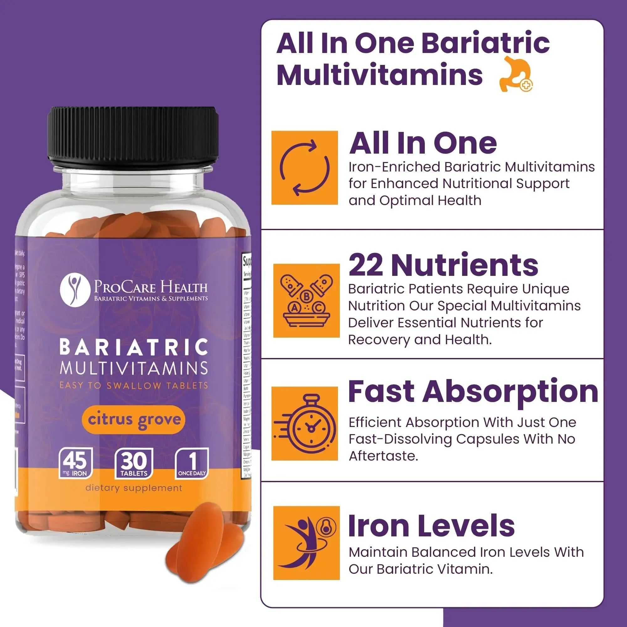 Procare Health Bariatric Multivitamin with Iron 45mg Easy to Swallow 30 Tablets - Post Op Bariatric Vitamins for Gastric Bypass Pills ProCare Health Au supplements
