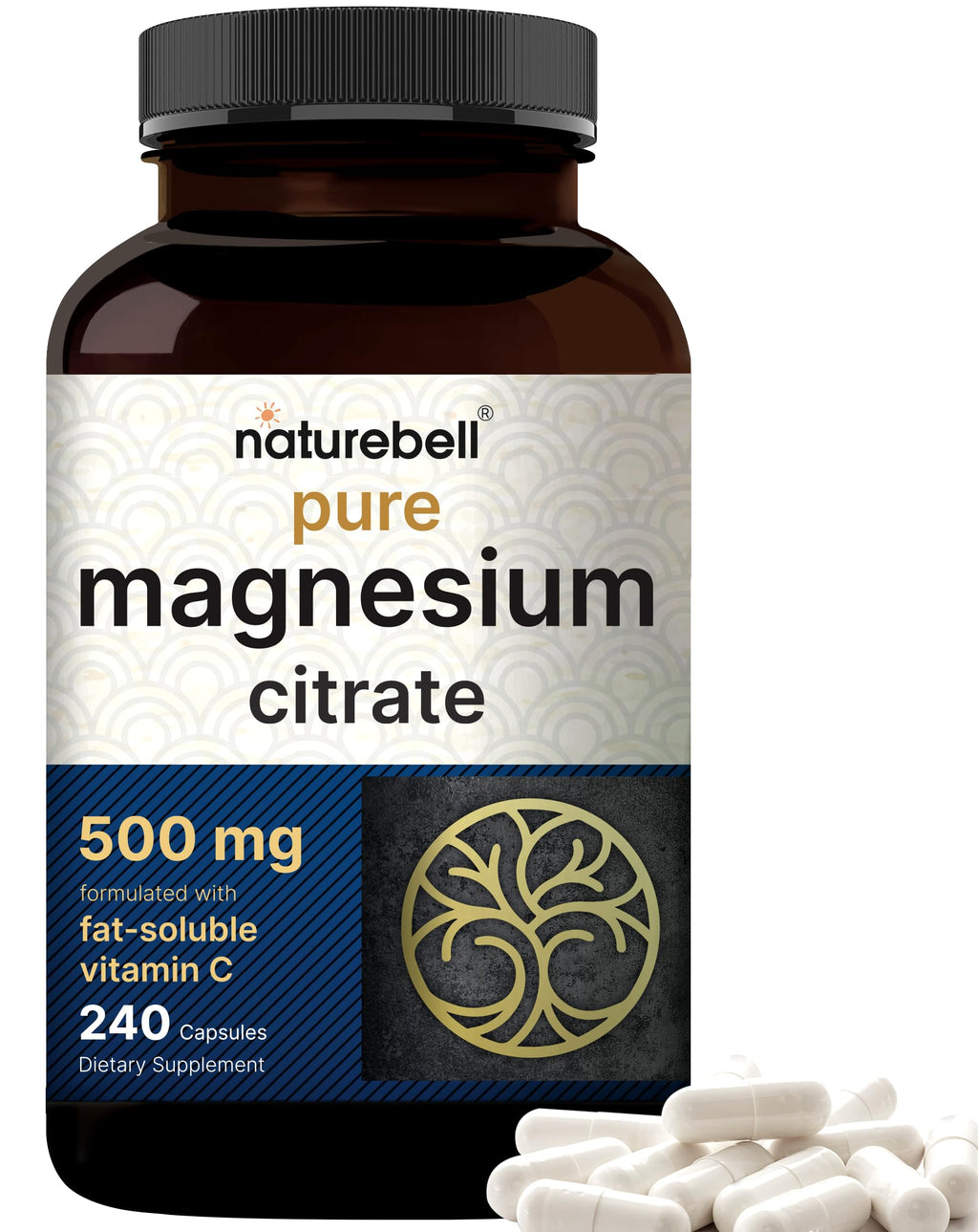 NatureBell Pure Magnesium Citrate 500mg per 3 Capsules Serving Size, 240 Capsules per Bottle