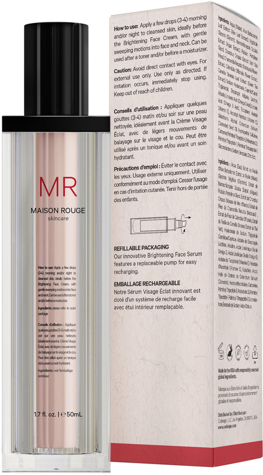 Maison Rouge Brightening Face Serum by Codeage - Glutathione Serum, Vitamin C, E, Hyaluronic Acid, Collagen - Radiance Enhancing - Parabens and Sulfates-Free - Refillable - All Skin Types - 1.7 fl oz Codeage Au supplements