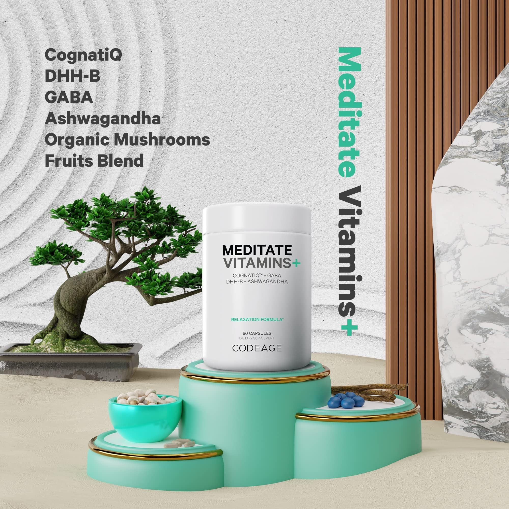 Codeage Meditate Vitamins+ Supplement - CognatiQ, DHH-B, GABA, Ashwagandha, Organic Mushrooms, Blueberries - BDNF Brain Pills and Neuroprotein - Vegan, Non-GMO, Gluten-Free - 60 Capsules Codeage Au supplements