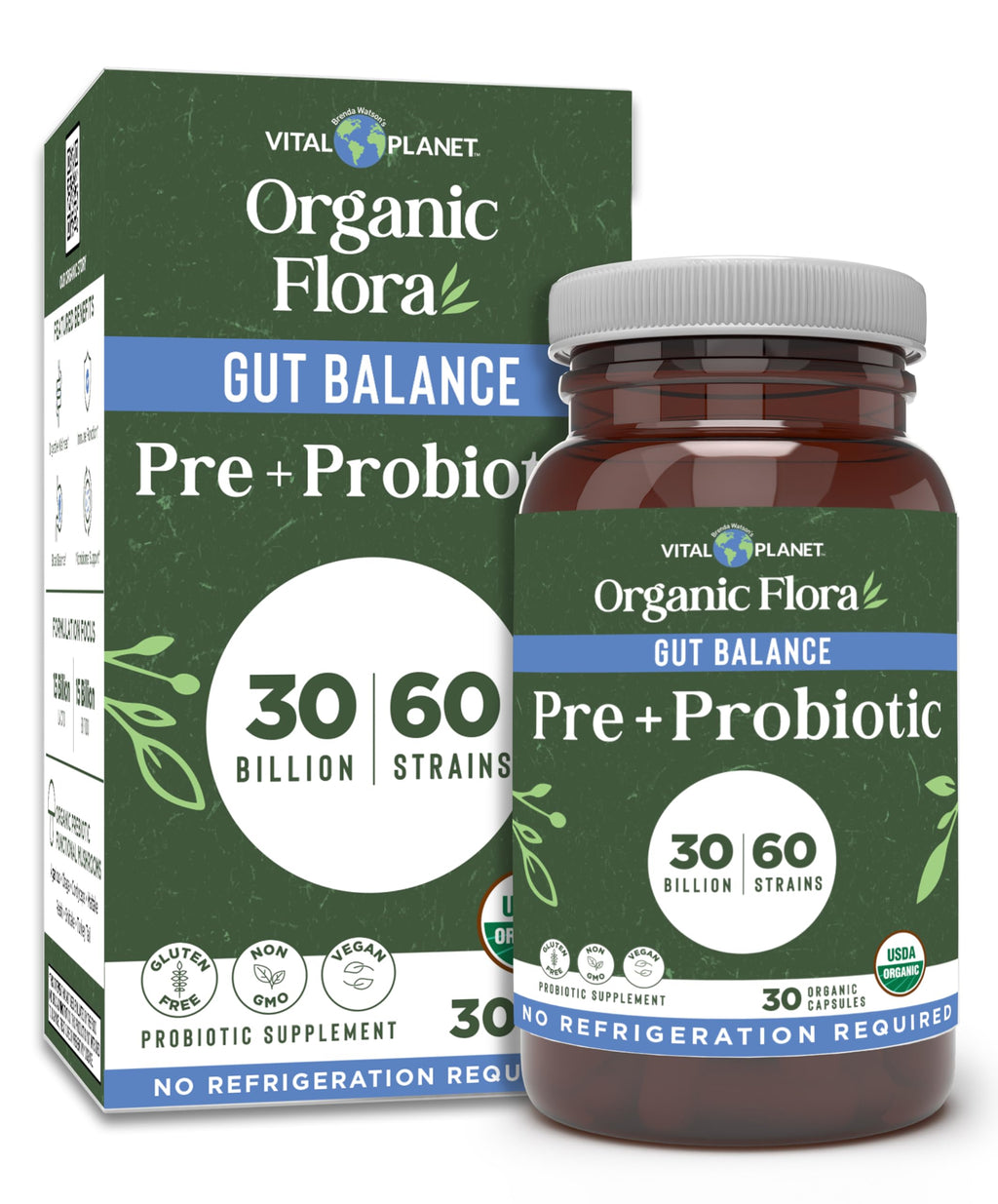 Vital Planet - Organic Flora Probiotics for Gut Health Balance, Shelf Stable Probiotic 30 Billion CFU, 60 Diverse Strains, Prebiotic Organic Mushroom Blend