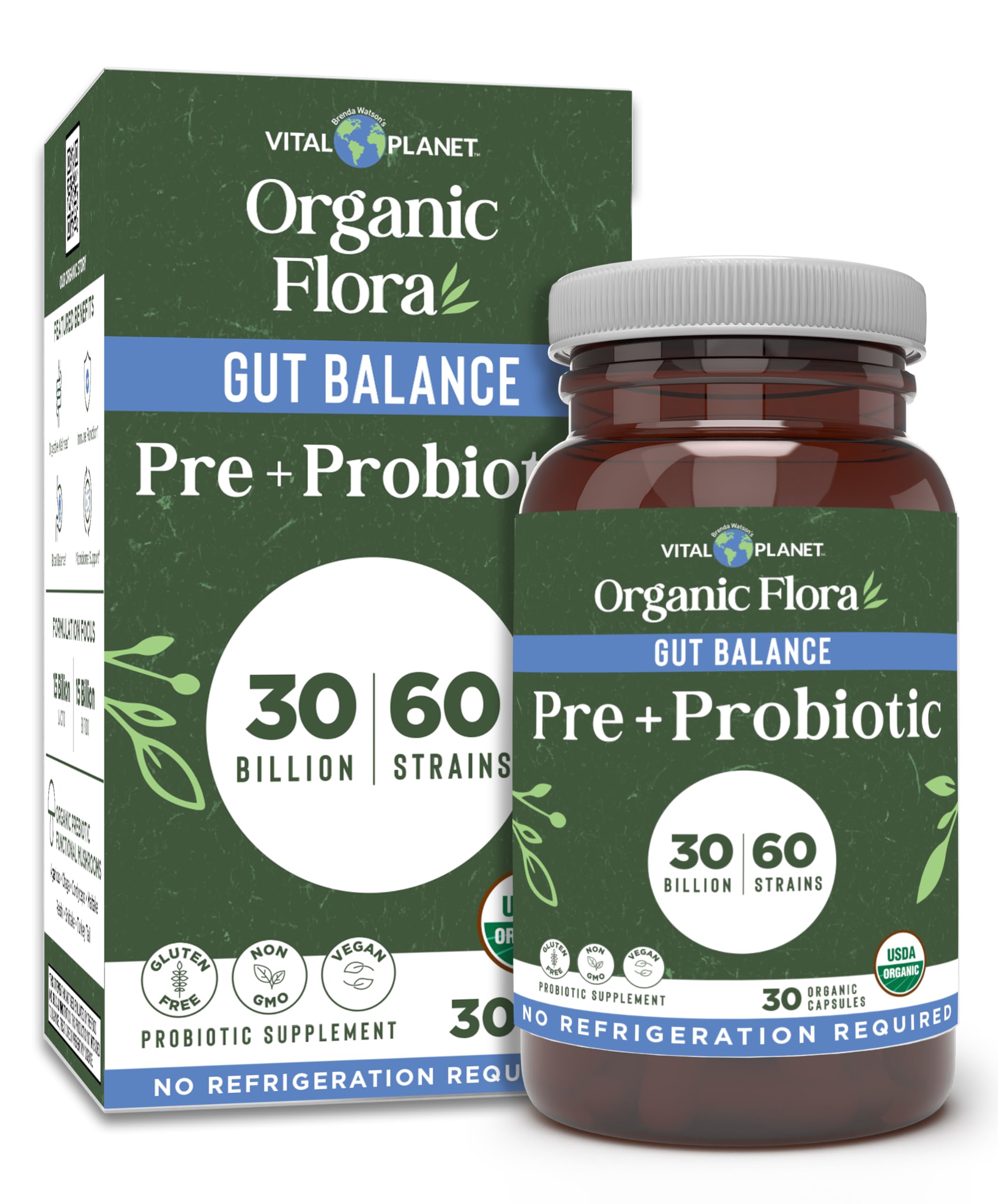 Vital Planet - Organic Flora Probiotics for Gut Health Balance, Shelf Stable Probiotic 30 Billion CFU, 60 Diverse Strains, Prebiotic Organic Mushroom Blend