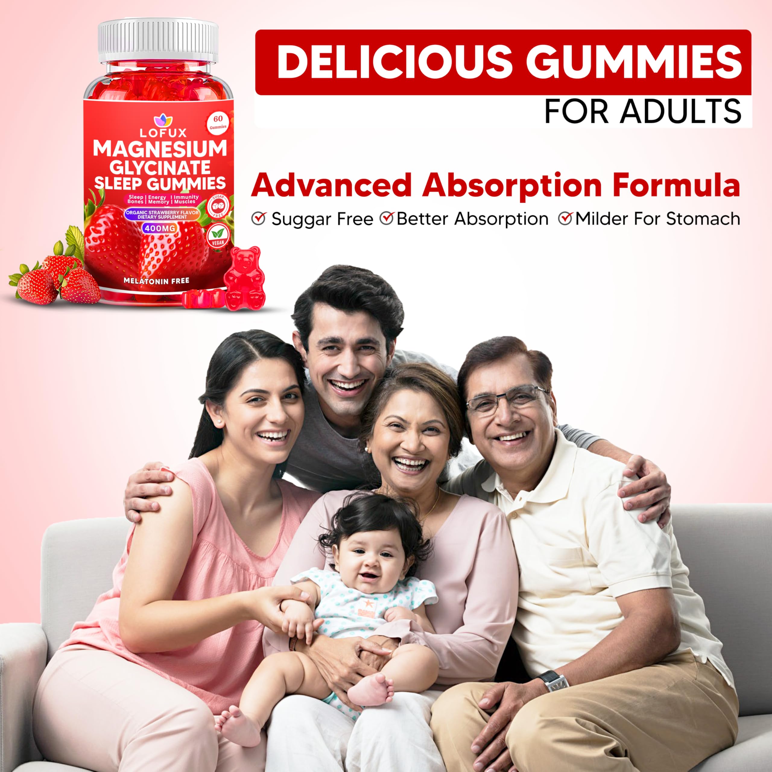 Lofux Magnesium Glycinate Gummies 400mg, Sugar Free Magnesium Gummies for Adults Women, Men, Chewable Supplement Gummy with L-Threonate, Vitamin D, B6, CoQ10