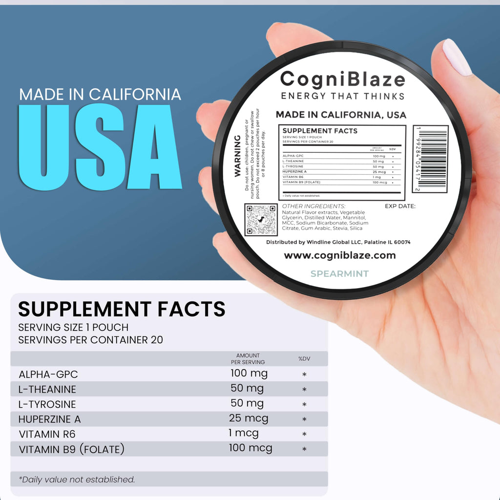 CogniBlaze Nootropic Pouches Caffeine Free (Spearmint) | 80 Focus Pouches for Clarity | 4 Pack (20 Per Can) | Mental Energy Pouches | 25mcg Huperzine A per Nootropic Pouch | Zero Calories CogniBlaze Au supplements