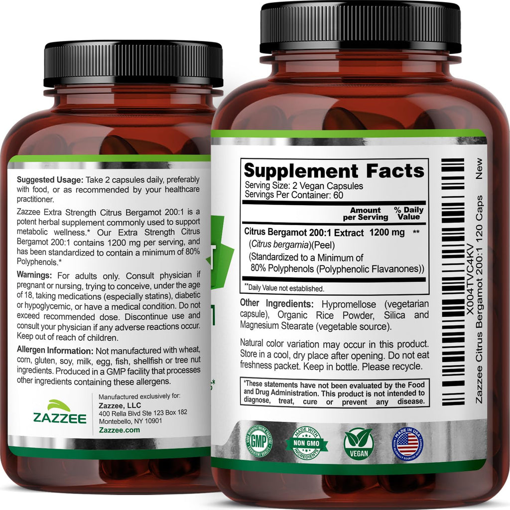 Zazzee Extra Strength Citrus Bergamot 200:1 Extract 1200 mg, 80% Polyphenols, 120 Vegan Capsules, Standardized 200X Potency
