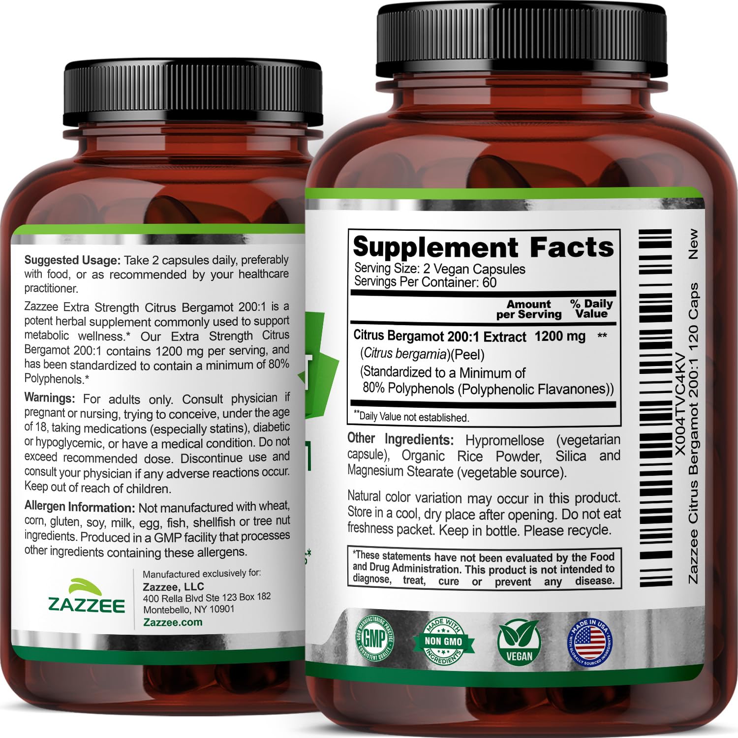 Zazzee Extra Strength Citrus Bergamot 200:1 Extract 1200 mg, 80% Polyphenols, 120 Vegan Capsules, Standardized 200X Potency