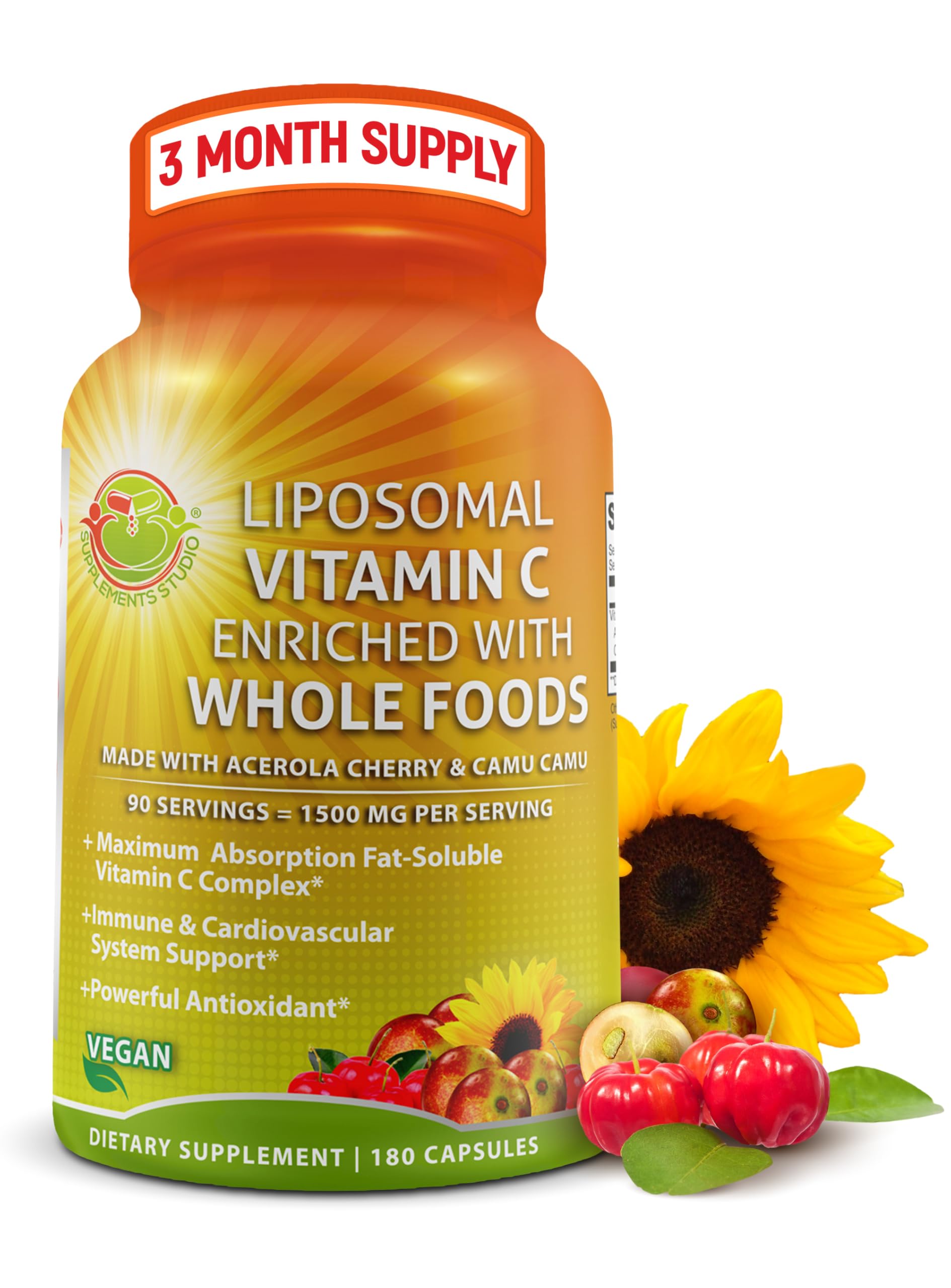 Liposomal Vitamin C Capsules - 1500mg - Made with Organic Acerola Cherries & Camu Camu, High Potency Vitamin C Liposomal - Immune Support Supplement