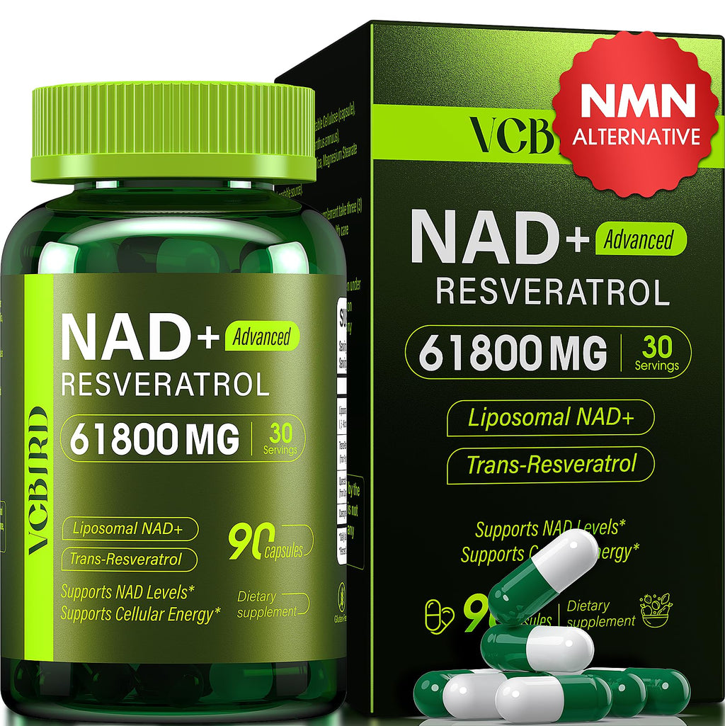 Nad Resveratrol Supplement 61800mg Per Bottle – Liposomal Nad+ Resveratrol for Women & Men – High Purity 1200mg Nad+ Supplement for Energy & Healthy Aging, Resveratrol, Quercetin, CoQ10 – 90 Counts VCBIRD Au supplements
