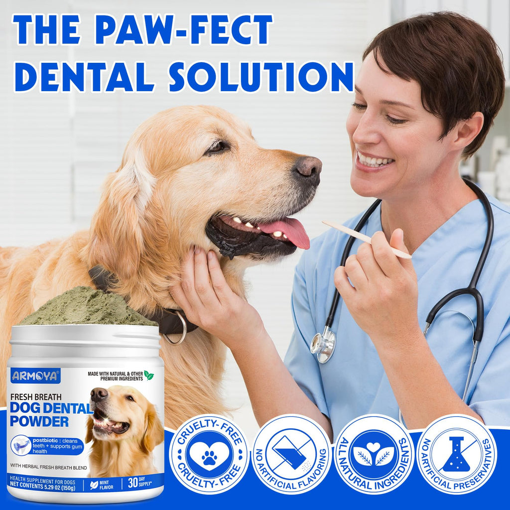 Dog Teeth Cleaning Powder - Dental Powder for Dogs Teeth - Plaque Removal - Supports Gum Health - Tartar Remover with Natural Herb Blend and Postbiotics 30 Day Supply - Mint Flavor ARMOYA Au supplements