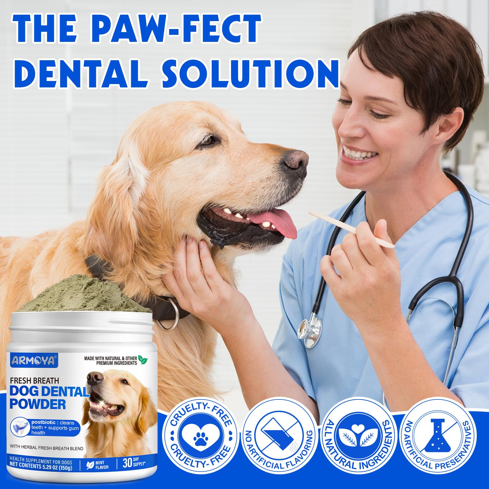 Dog Teeth Cleaning Powder - Dental Powder for Dogs Teeth - Plaque Removal - Supports Gum Health - Tartar Remover with Natural Herb Blend and Postbiotics 30 Day Supply - Mint Flavor ARMOYA Au supplements