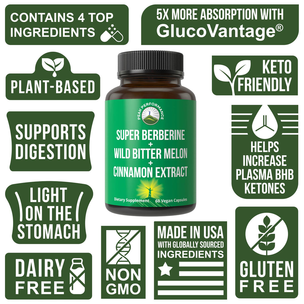 Ultra High Strength 4-in-1 Super Berberine Patented GlucoVantage + Wild Bitter Melon + Cinnamon Extract + Chromium Picolinate Vegan Capsules. Great Supplement to Support After-Meal Spikes and Energy Peak Performance Au supplements
