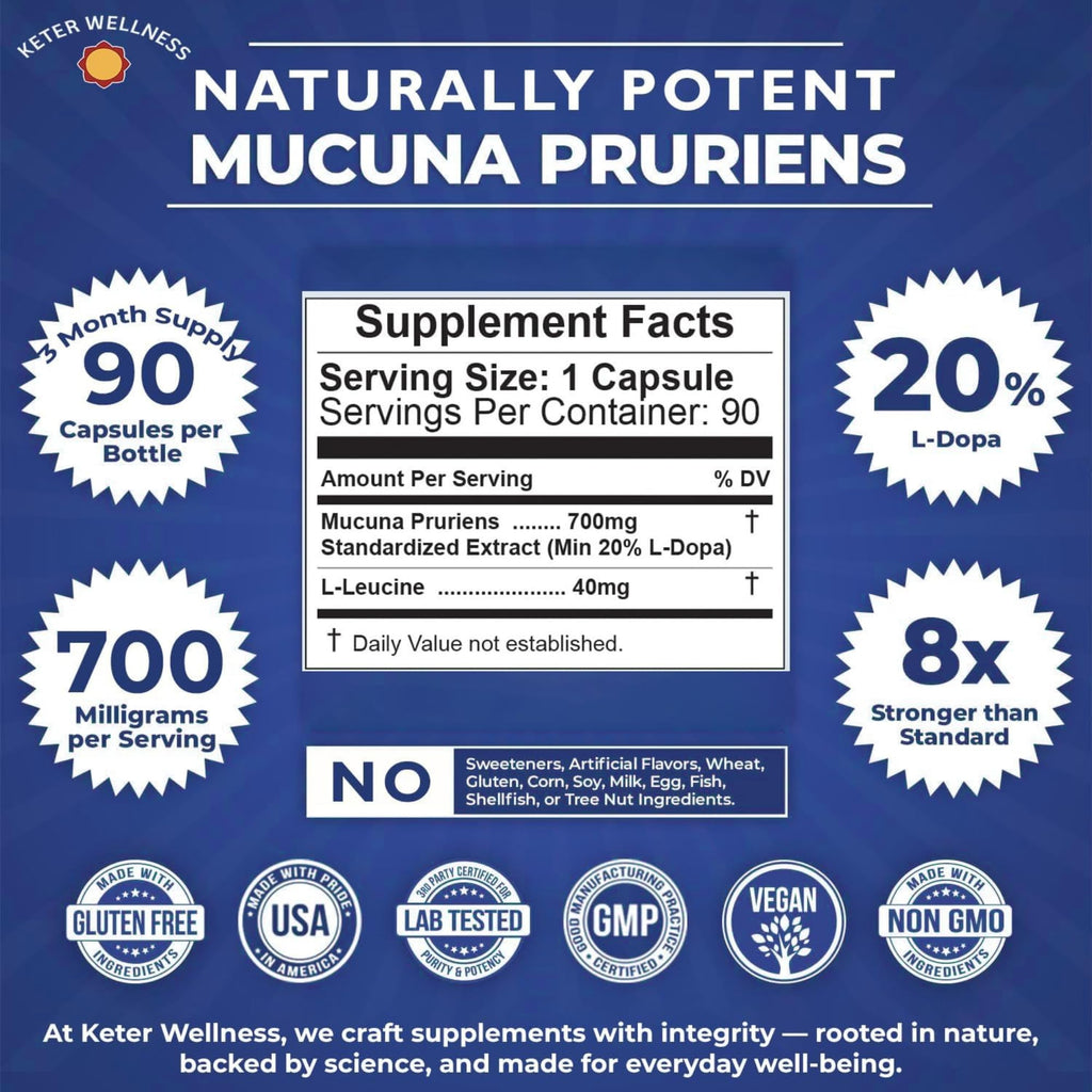 Mucuna Pruriens 20% L-Dopa – Standardized Velvet Bean Extract for Natural Dopamine, Focus & Mood Support – Pure 8:1 Concentrated Herbal Supplement – Vegan, Non-GMO, 90 Capsules Keter Wellness Au supplements