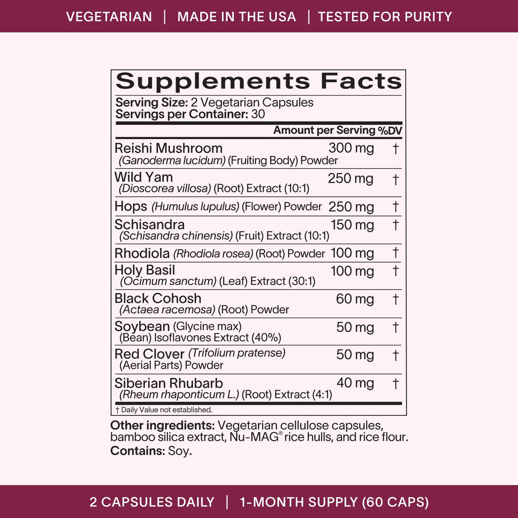 Ladywell Perimeno - Perimenopause Support - Support for Mood, Mental Clarity, Sleep & Hot Flashes - Black Cohosh, Reishi, Wild Yam, Holy Basil, Schisandra, Rhodiola, Siberian Rhubarb / 60 Veg Caps Ladywell Au supplements