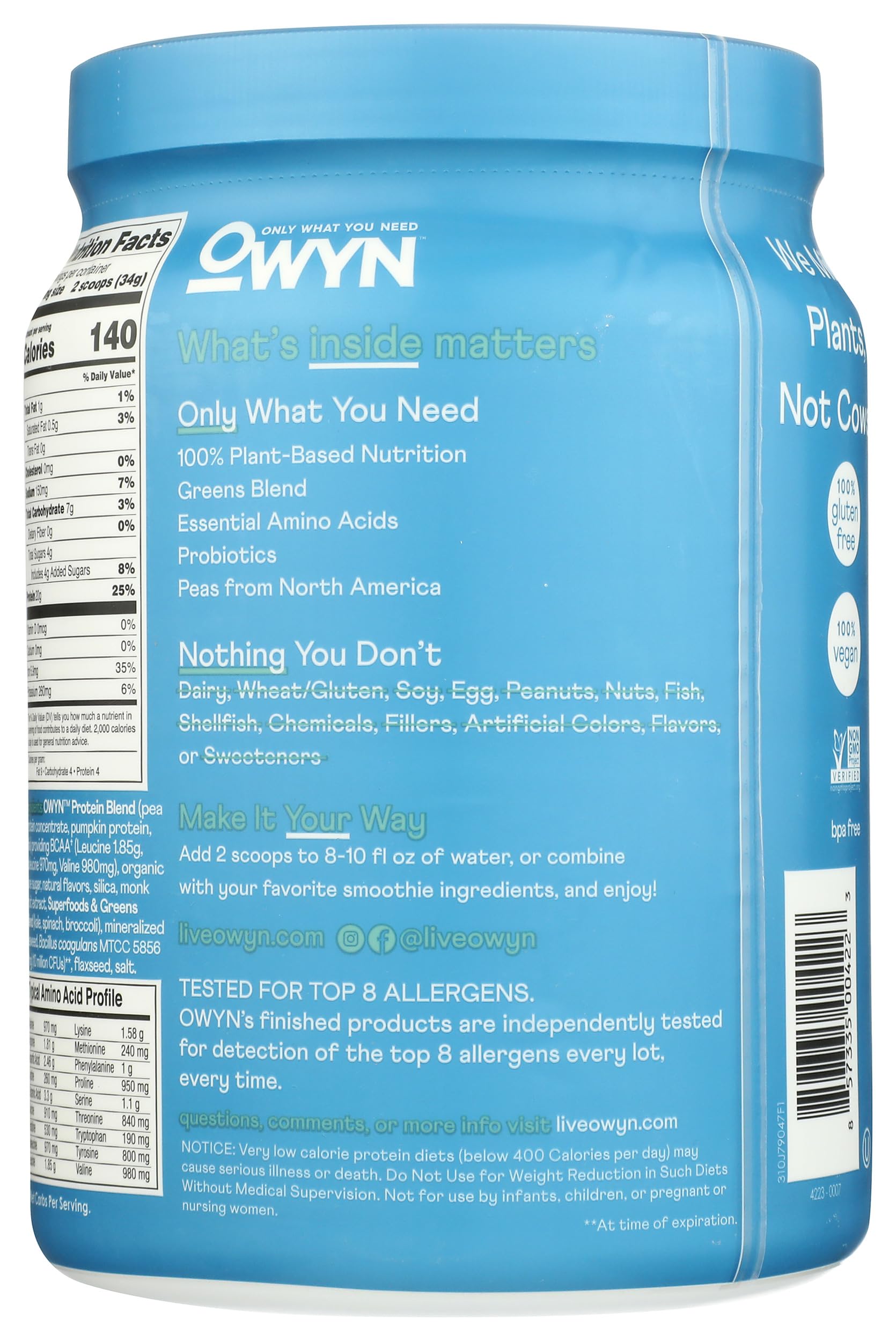 OWYN Only What You Need Plant-Based Protein Powder, Smooth Vanilla, 1.05 lbs