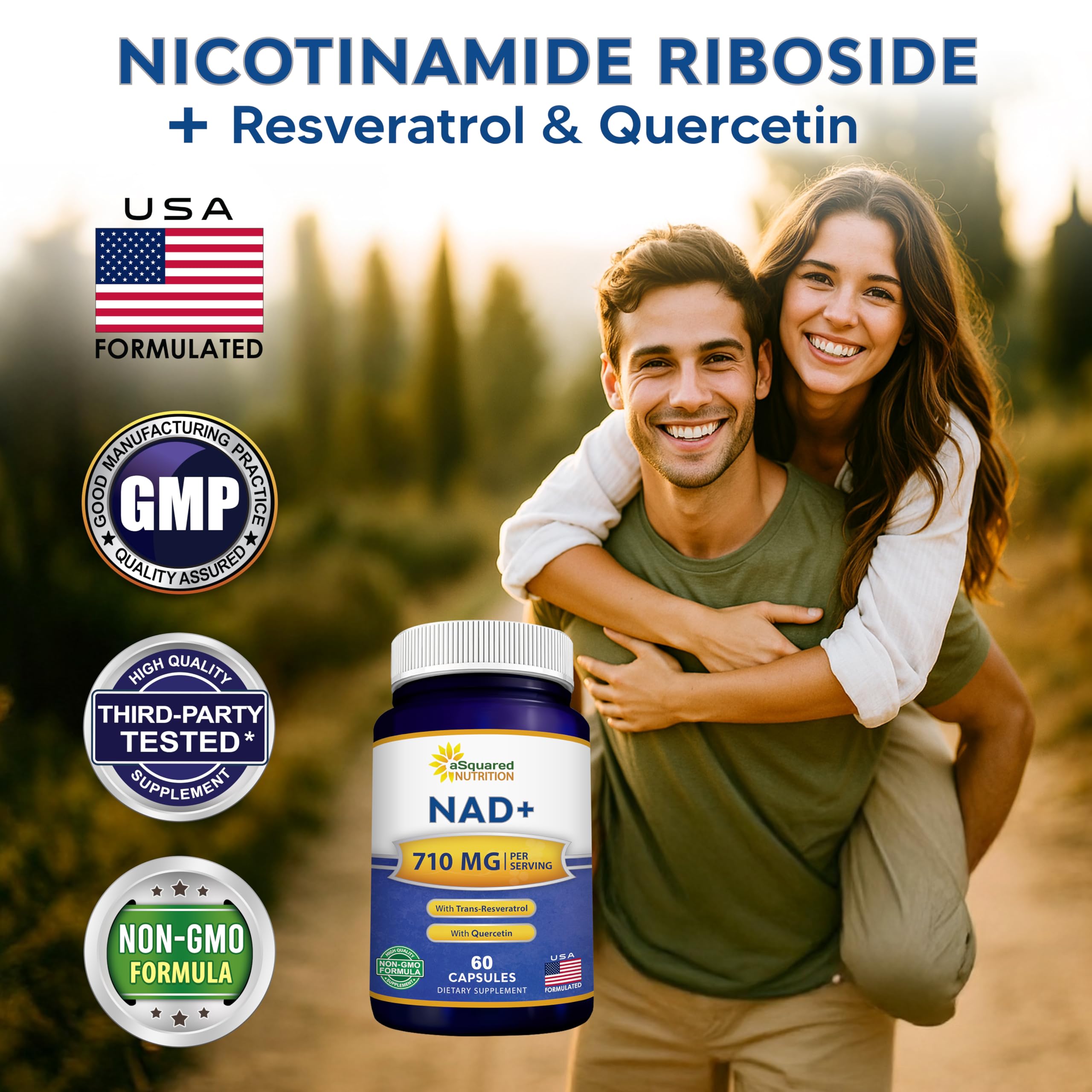 aSquared Nutrition NAD Resveratrol Supplement - NAD+ Nicotinamide Riboside 500mg (Vitamin B3) Plus Trans-Resveratrol & Quercetin - NMN Alternative for Men & Women - 60 Capsules aSquared Nutrition Au supplements