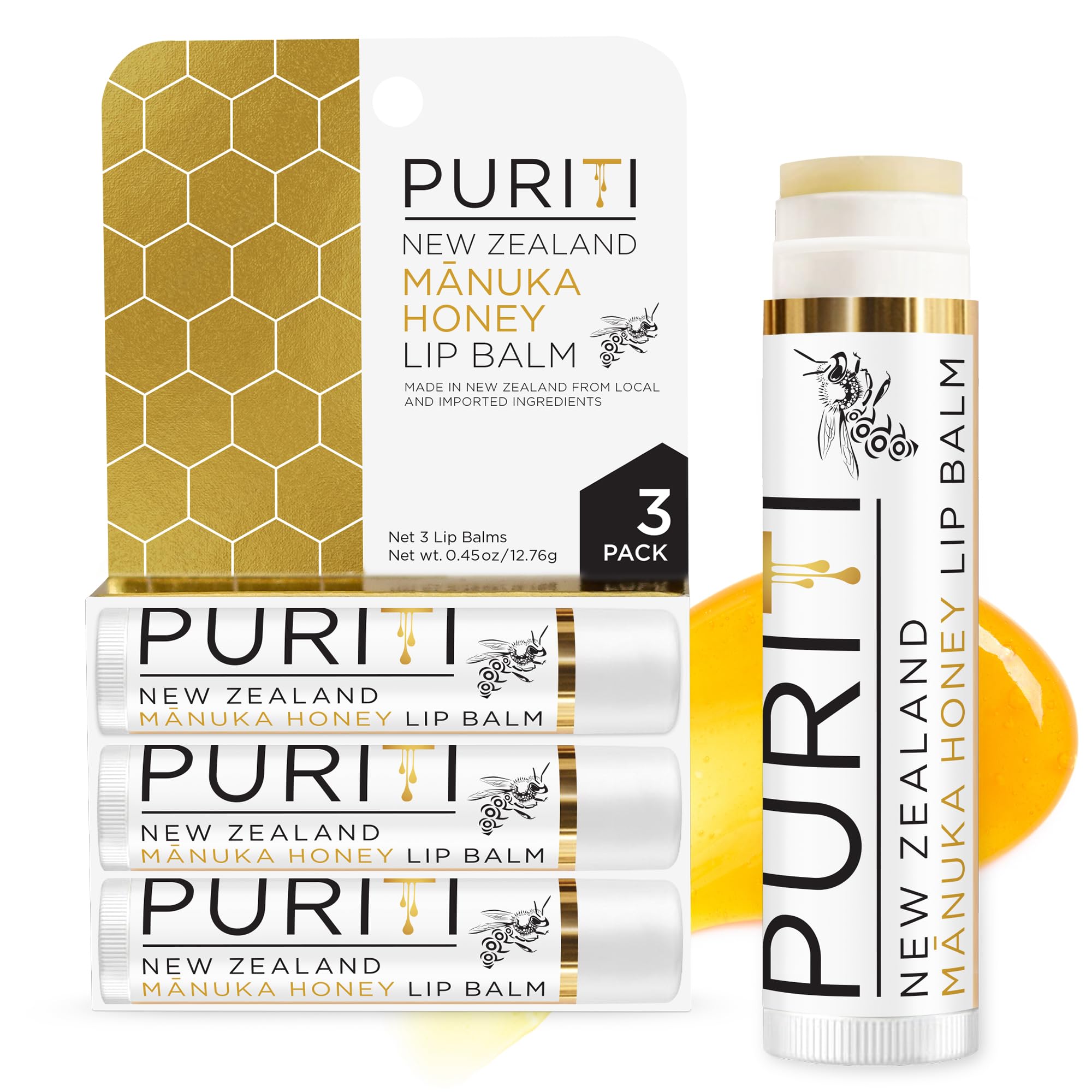 PURITI Manuka Honey Lip Balm – 3pack Soothing & Moisturizing, Enriched with Almond