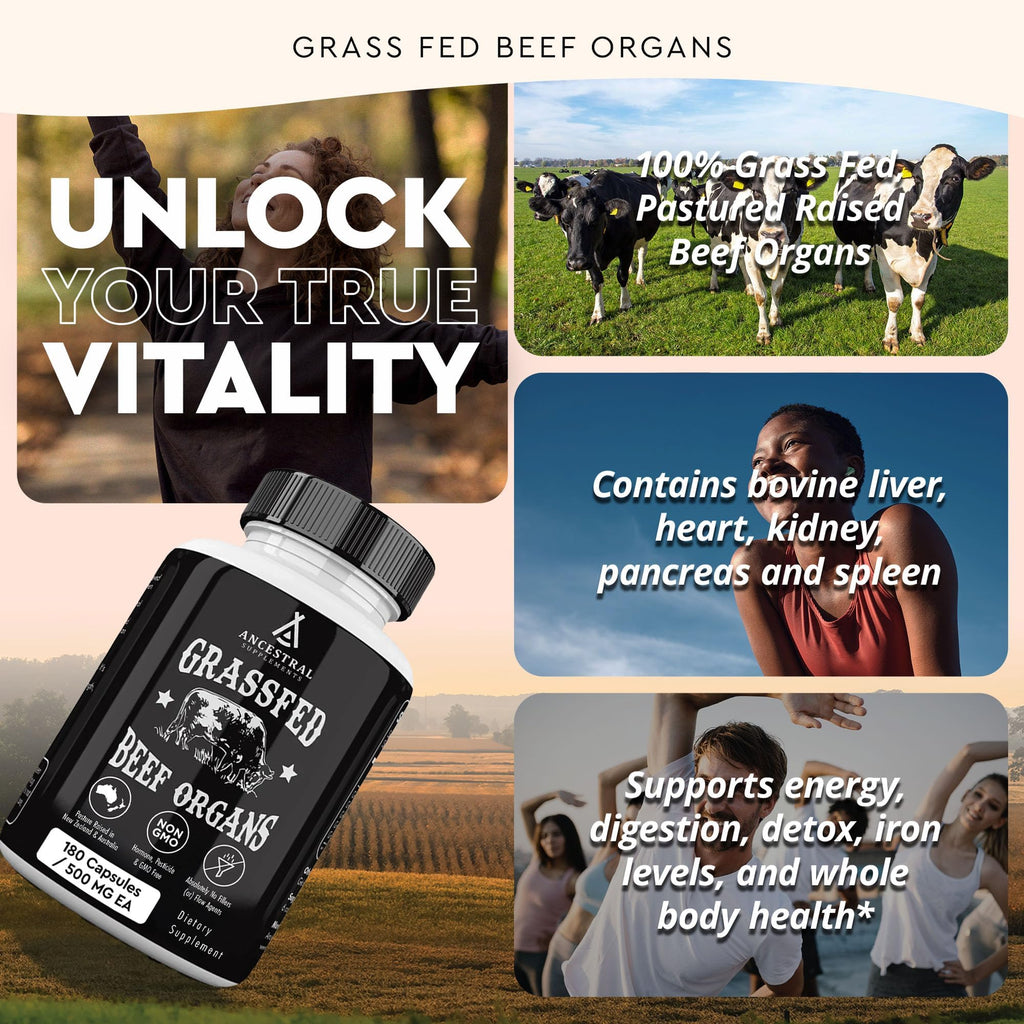 Ancestral Supplements Grass Fed Beef Organ Supplement, Supports Whole Body Wellness with Proprietary Blend of Liver, Heart, Kidney, Pancreas, Spleen, Freeze-Dried Beef, Non-GMO, 180 Capsules Ancestral Supplements Au supplements