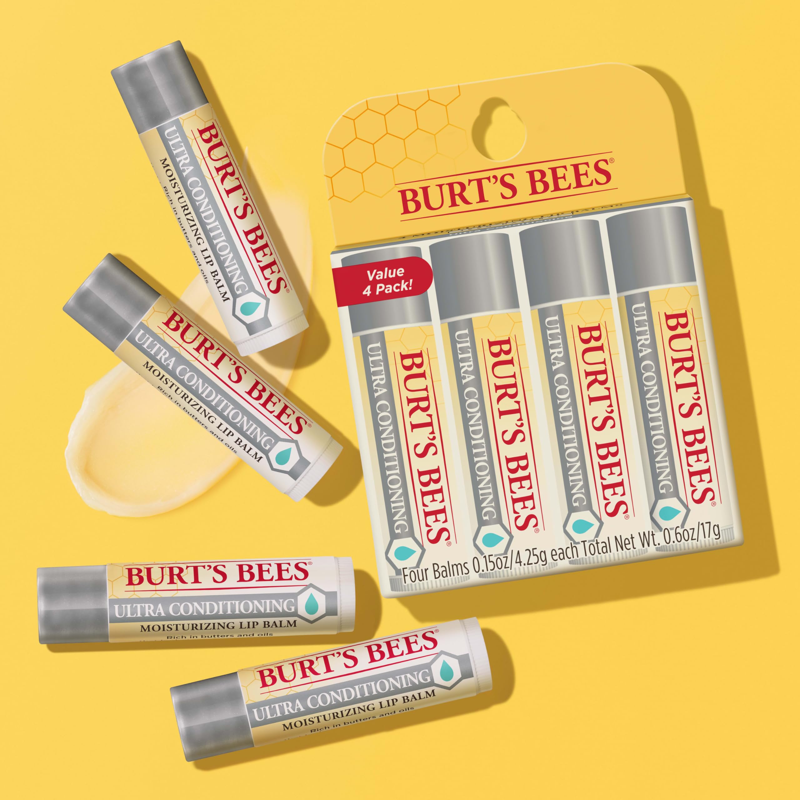 Burt's Bees Lip Balm, Moisturizing Lip Care, 100% Natural Origin, Ultra Conditioning with Shea, Cocoa & Kokum Butter (4 Pack)