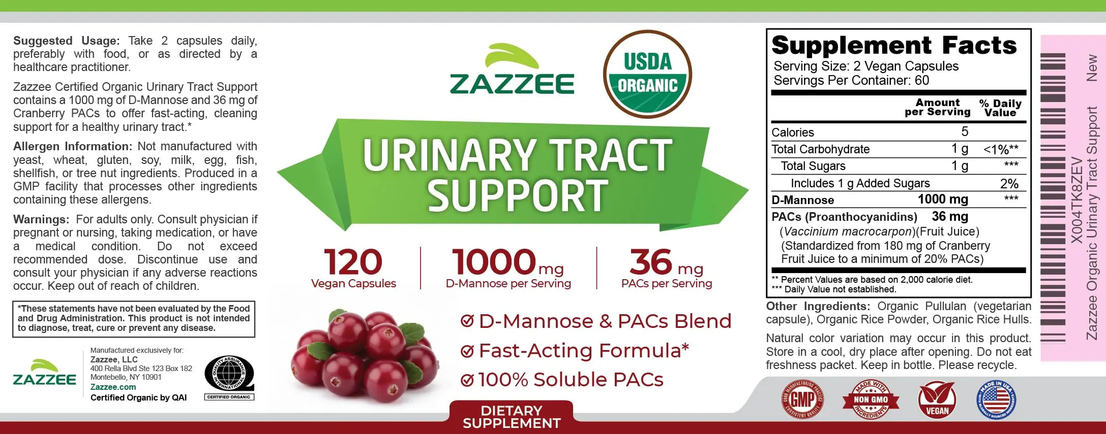 Zazzee USDA Organic Cranberry PACs and D-Mannose, 1000 mg D-Mannose, 36 mg Cranberry PACs, 120 Vegan Capsules, 2 Month Supply, Potent & Fast-Acting, All-Natural Urinary Tract Health Support, Non-GMO Zazzee Au supplements
