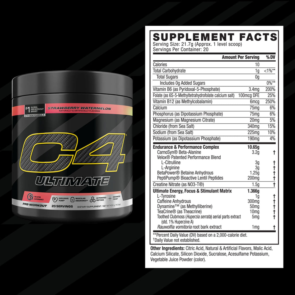 C4 Ultimate Pre Workout Powder Watermelon - Sugar Free Preworkout Energy Supplement for Men & Women - 300mg Caffeine + 3.2g Beta Alanine