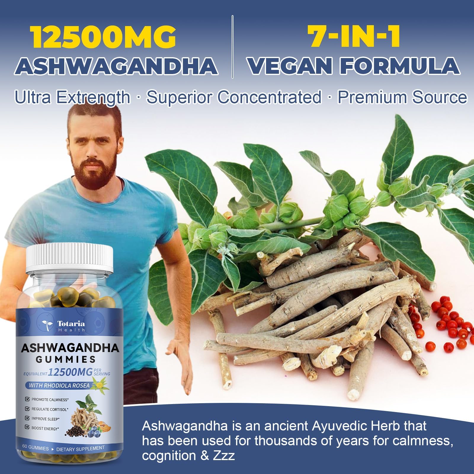 (2 Packs) Sugar Free Ashwagandha Filled Gummies w/Vitamin D3, Magnesium Glycinate, Rhodiola, Ultra Strength Ashwa Root Supplements for Women & Wen, for Relaxation, Energy, Cortisol Gummies Totaria Au supplements