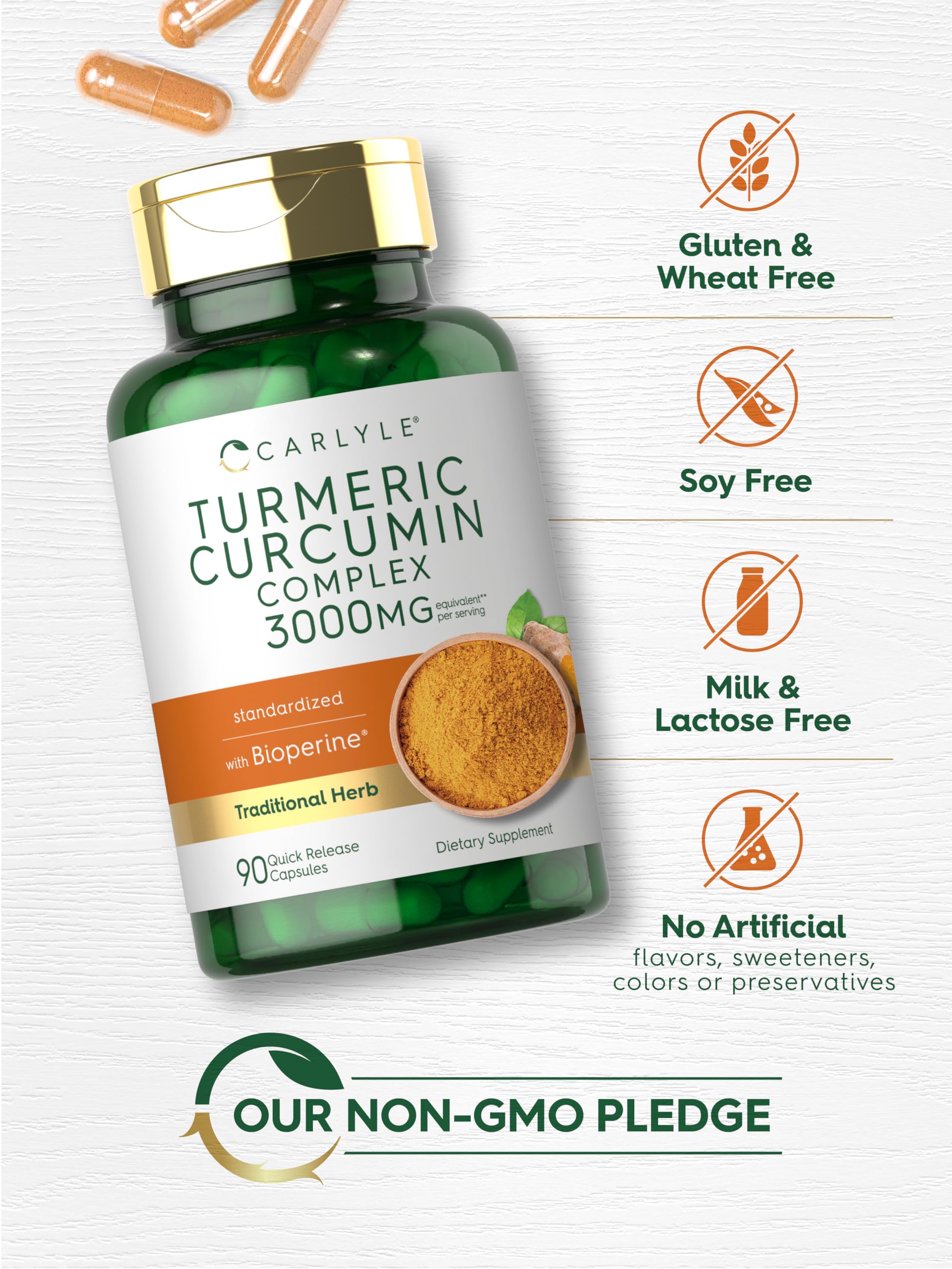Carlyle Turmeric Curcumin with Black Pepper | 90 Powder Capsules | Complex Supplement with Bioperine | Non-GMO, Gluten Free