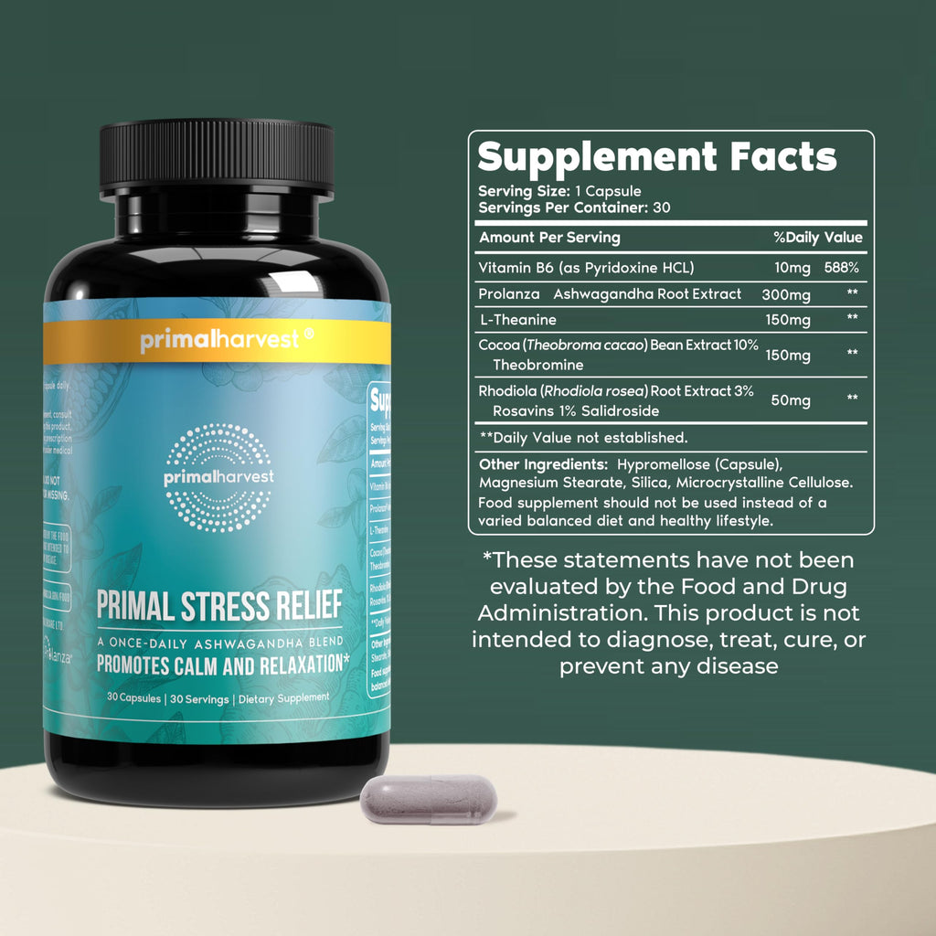 Primal Harvest Stress Relief Supplement for Women and Men Pure Ashwagandha Root Extract, L-Theanine Supplements, 30 Capsules Primal Harvest Au supplements