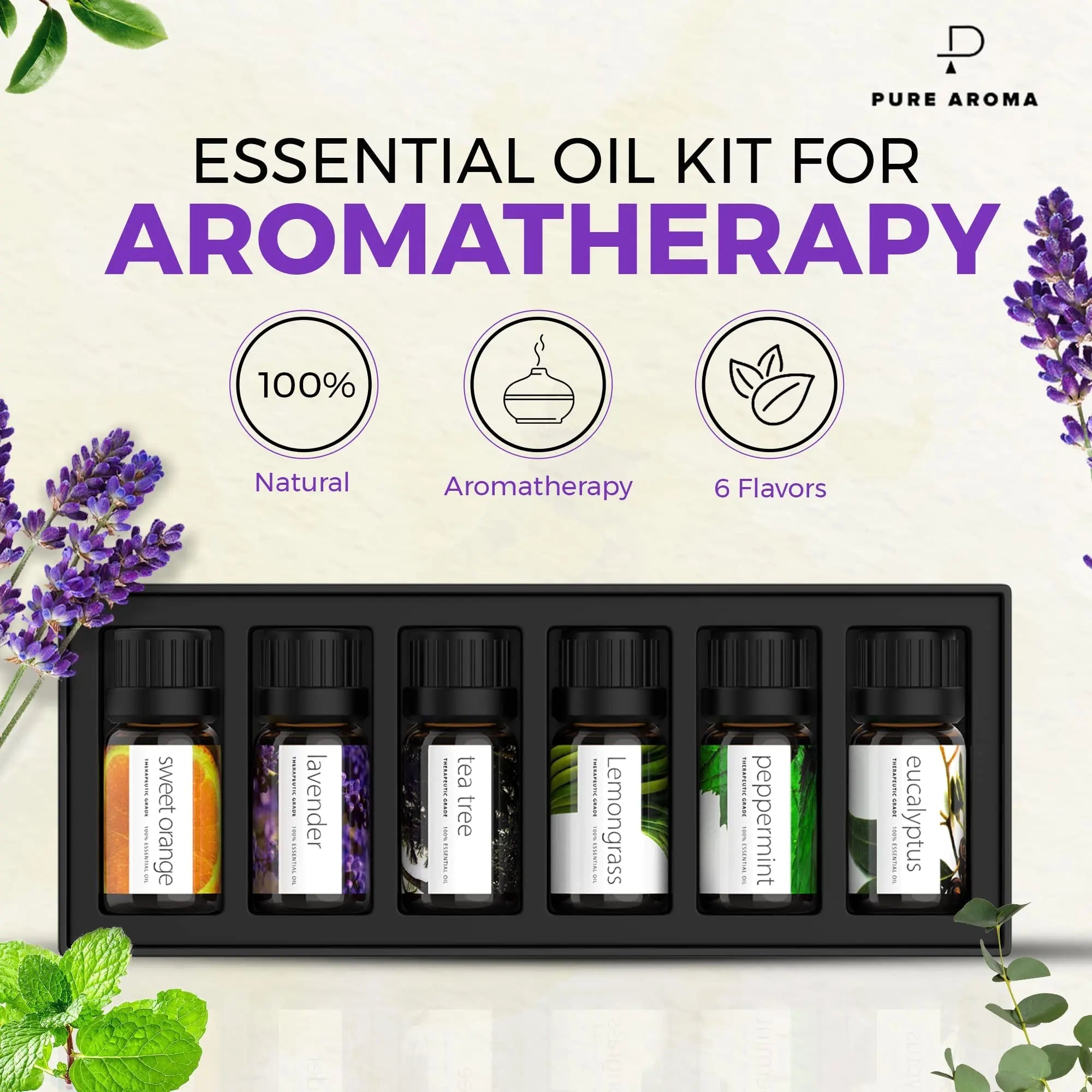 Essential Oils by PURE AROMA 100% Pure Oils kit- Top 6 Aromatherapy Oils Gift Set-6 Pack, 10ML Pure Aroma Au supplements
