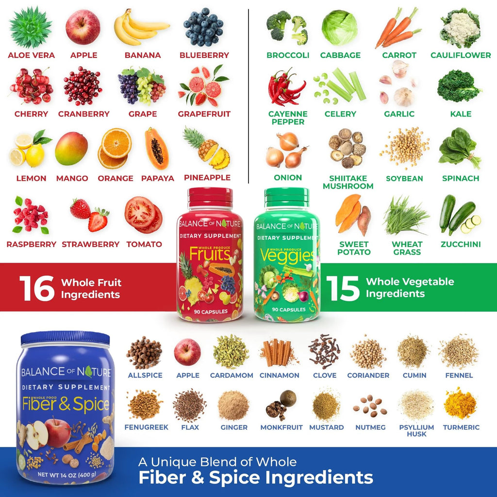 Balance of Nature Whole Health System - Whole Food Fruits & Veggies and Fiber & Spice Supplements - 30 Servings Each Balance of Nature Au supplements