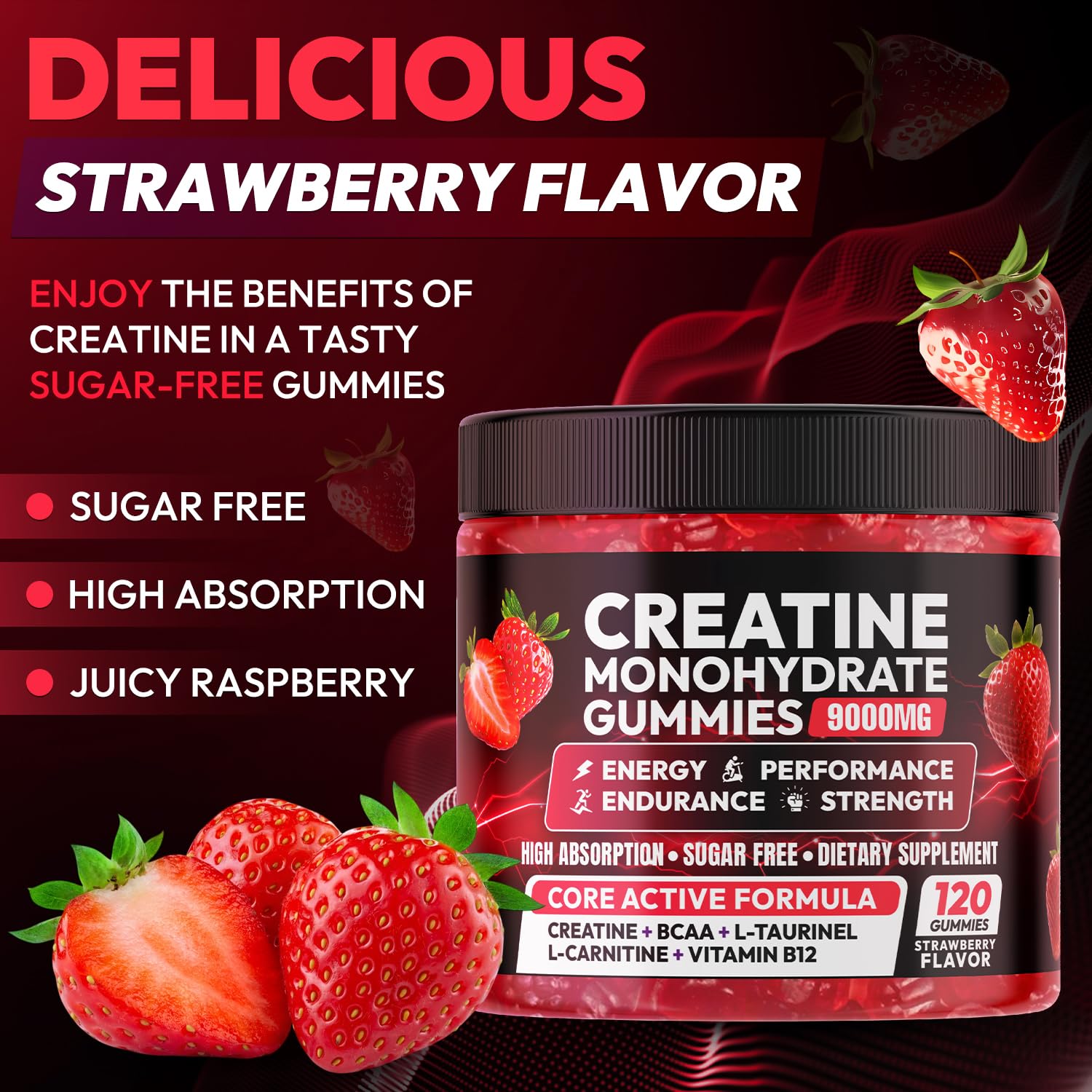 Creatine Gummies Monohydrate Complex 9000MG, Chewable Creatine Monohydrate Gummies for Men & Women with L-Taurine, BCAA 2:1, B12/6, Building Muscle