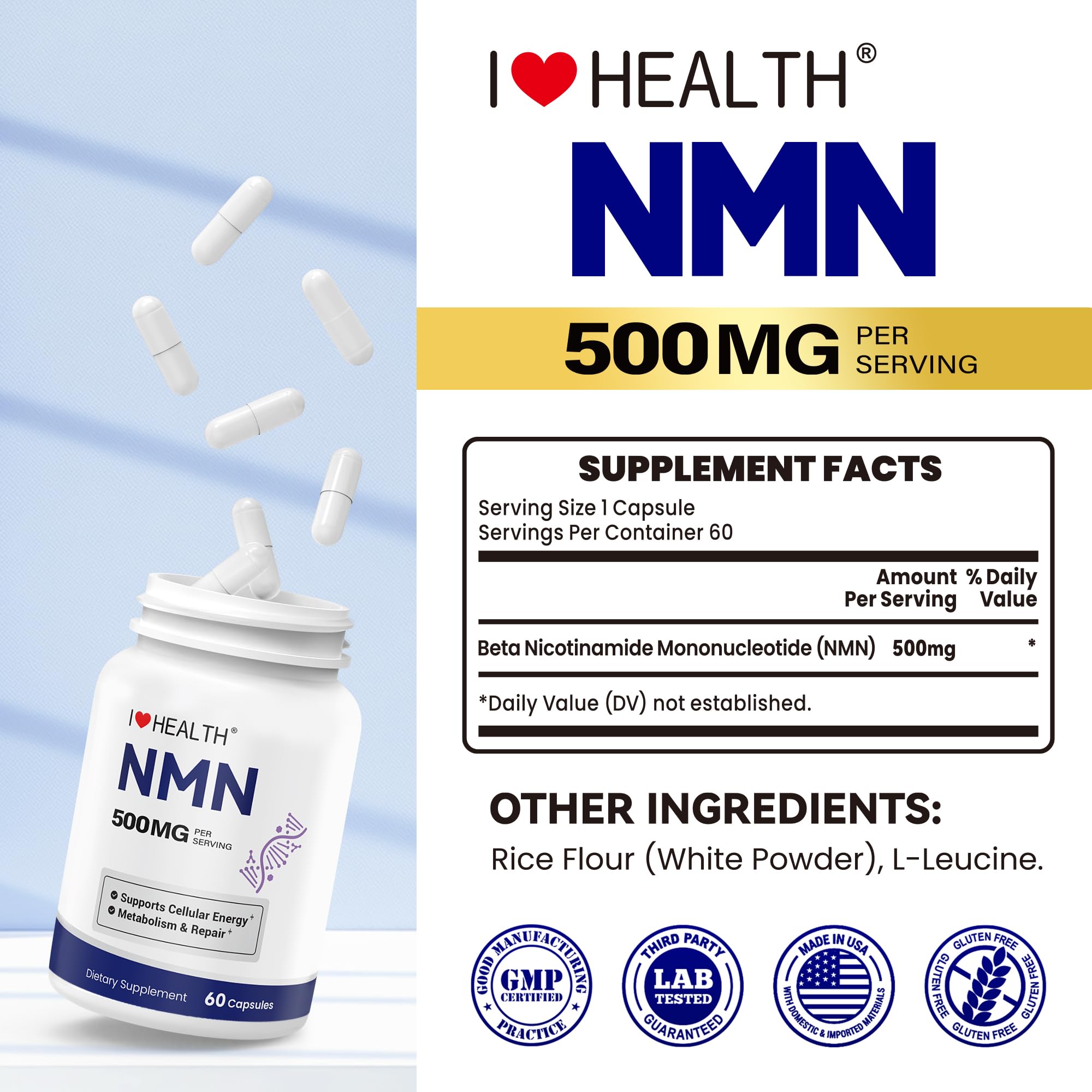 NMN 500MG Per Capsule – High Purity 99.9% NMN, NAD+ Support for Cellular Energy & Healthy Aging, 60 Capsules, Third-Party Tested, cGMP Made in USA I LOVE HEALTH Au supplements