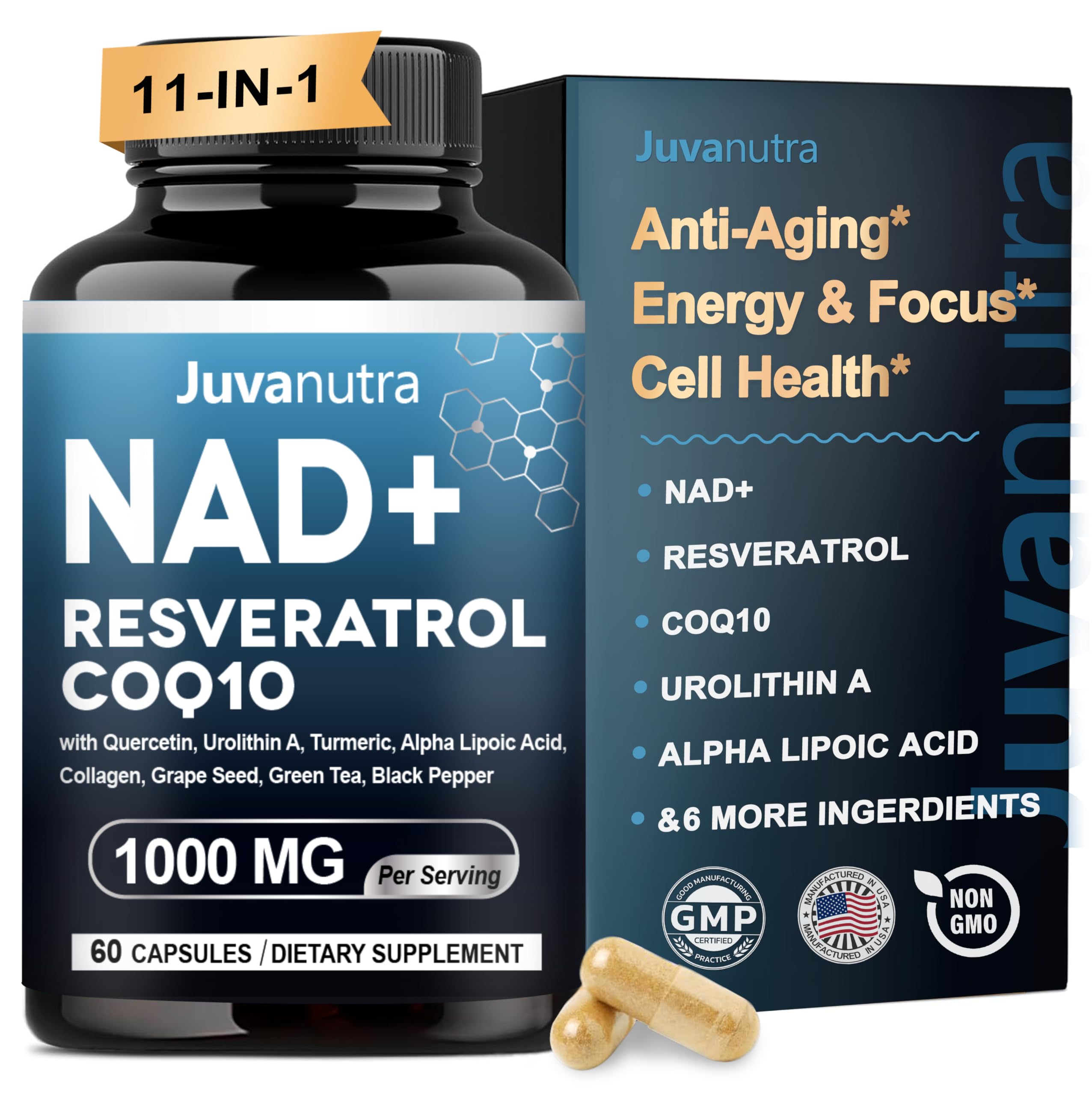 NAD Supplement 11-in-1 Extra Strength – Liposomal NAD with Resveratrol, CoQ10, Urolithin A, ALA & Turmeric – Supports Anti-Aging, Cellular Repair, Energy & Focus – for Women & Men – 60 Capsules JuvaNutra Au supplements