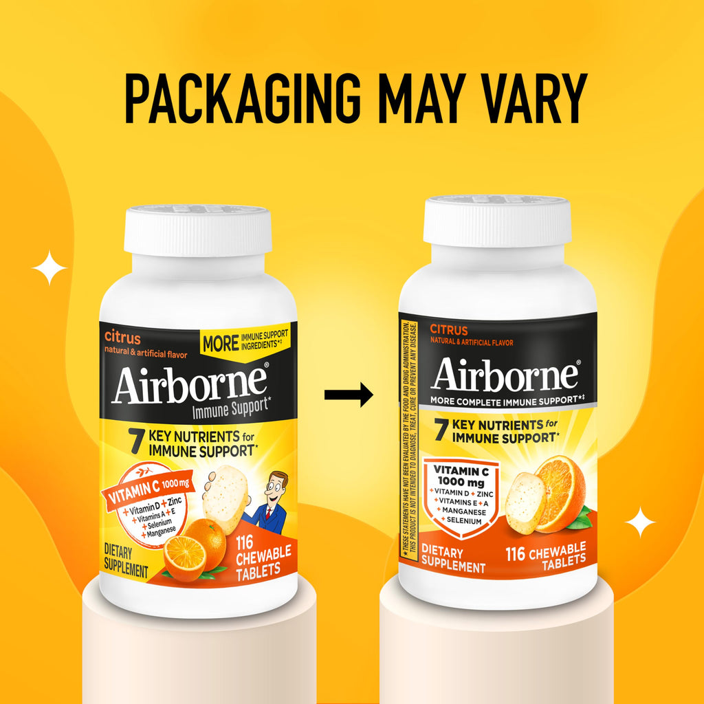 Airborne Vitamin C 1000mg (per Serving) - Citrus Chewable Tablets (116 Count in a Bottle), Gluten-Free Immune Support Supplement, with Vitamins A C E, Zinc, Selenium