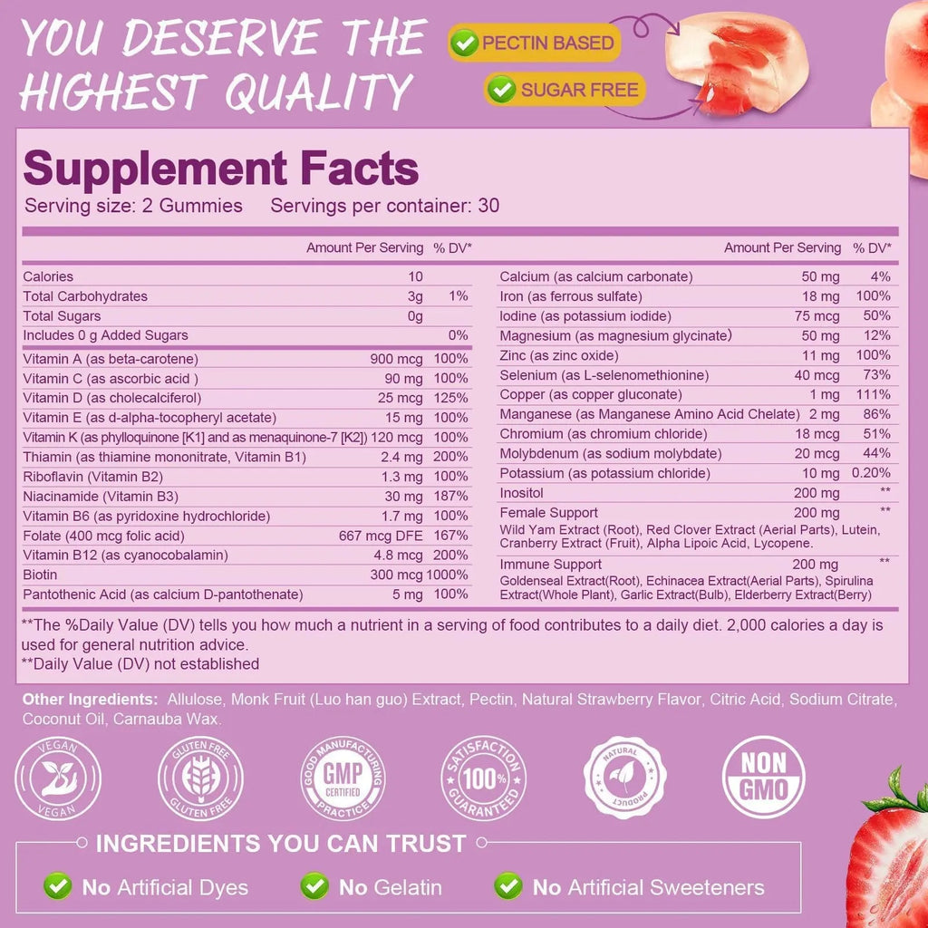 Totaria Sugar Free Multivitamin Gummies for Women 14+ w/Iron, Inositol, Folate, Biotin, Womens Daily Multivitamin Gummy w/Vitamin A, C, B, D3, K2, for Hair, Skin, Totaria Au supplements