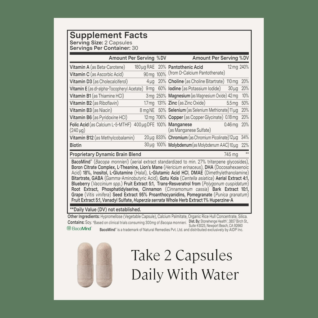 Stonehenge Health Dynamic Brain – BacoMind® Bacopa Nootropic Formula – Memory, Recall & Retention, Phosphatidylserine, Huperzine A, DHA & Choline – 40 Brain-Boosting Ingredients – Non-GMO, 60 Caps Stonehenge Health Au supplements