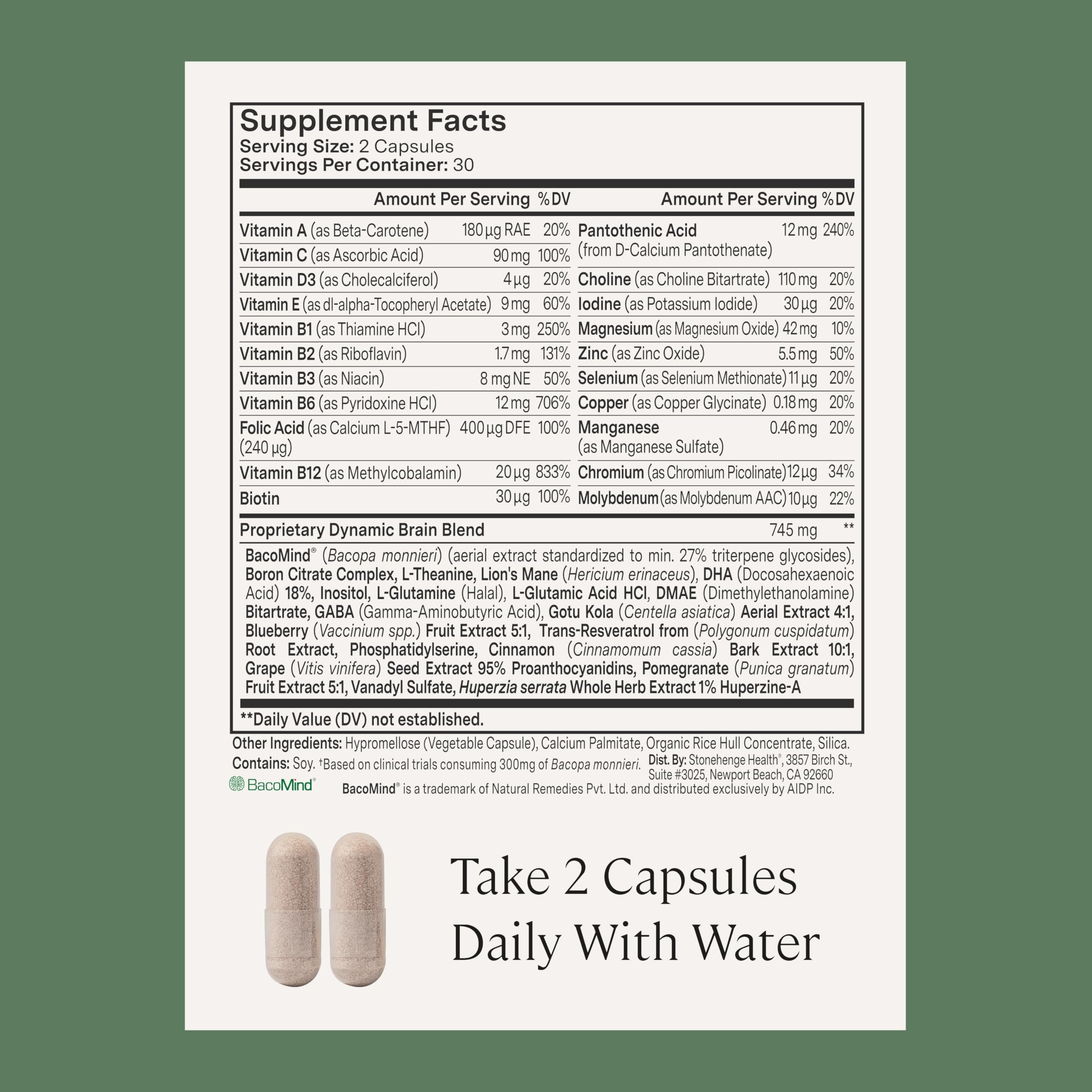 Stonehenge Health Dynamic Brain – BacoMind® Bacopa Nootropic Formula – Memory, Recall & Retention, Phosphatidylserine, Huperzine A, DHA & Choline – 40 Brain-Boosting Ingredients – Non-GMO, 60 Caps Stonehenge Health Au supplements