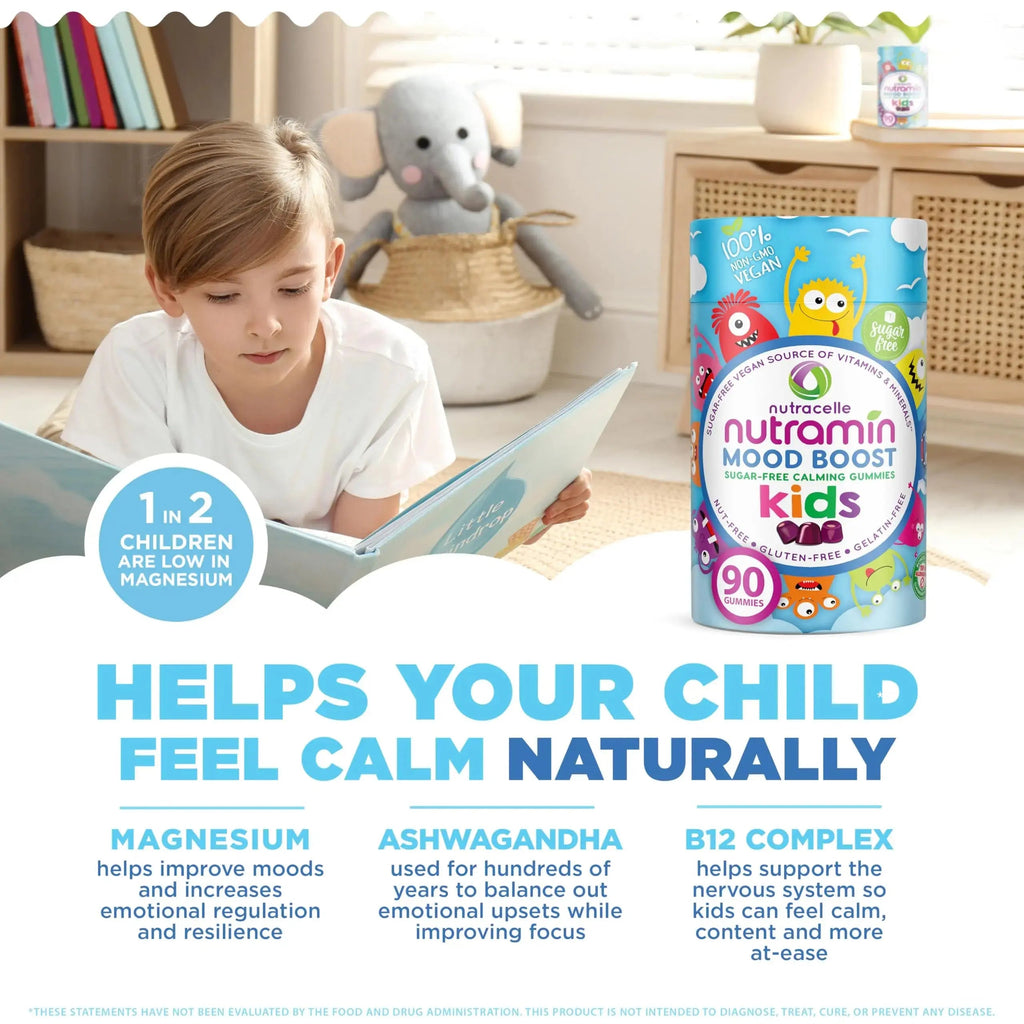 NUTRAMIN Kids Mood Boost Vegan Vitamin Gummy: Calming Magnesium Citrate Supplement for Children with Ashwagandha & Vitamin B Complex to Relax & Focus Nutracelle Au supplements