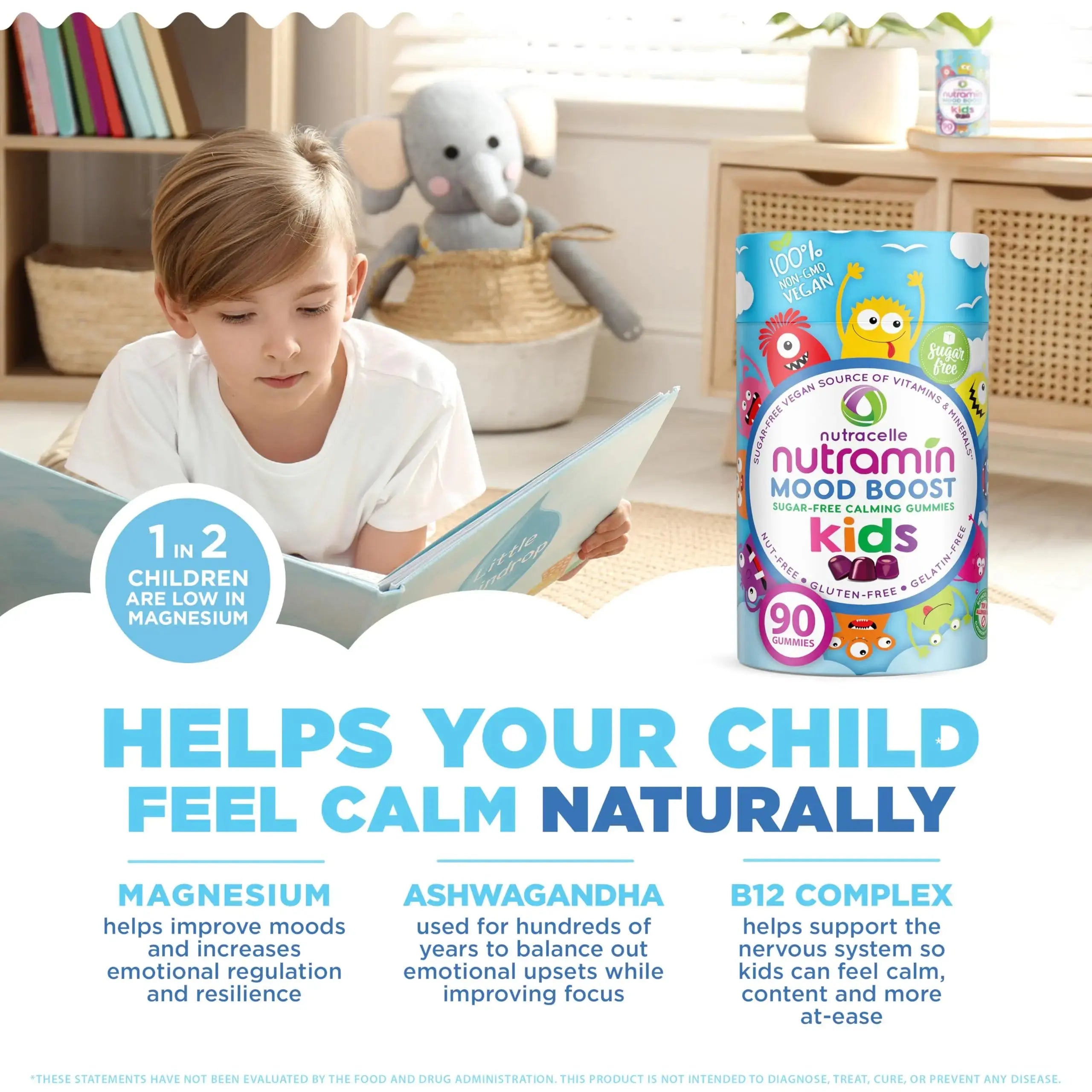 NUTRAMIN Kids Mood Boost Vegan Vitamin Gummy: Calming Magnesium Citrate Supplement for Children with Ashwagandha & Vitamin B Complex to Relax & Focus Nutracelle Au supplements