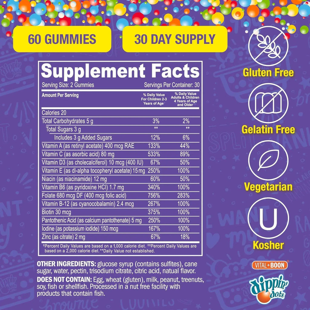 Dippin' Dots - Multivitamin Gummies for Kids Rainbow Fruit Flavor Complete Multivitamin Chewy Gummies Vitamin A, B, C, D3, E, B6, Zinc - 60 Count Vital+Boon Au supplements