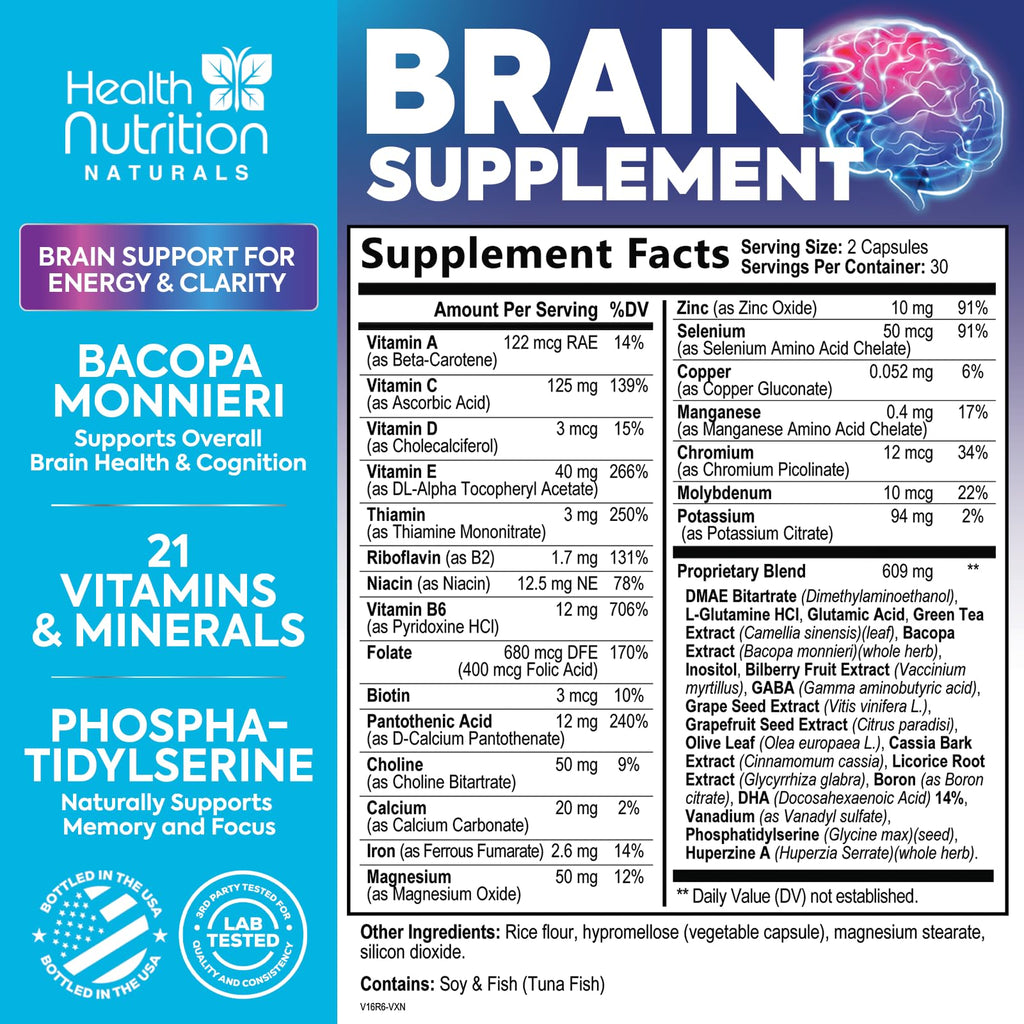Brain Memory Supplement - 3X Strength Nootropics for Concentration, Clarity & Focus Support - Brain Health Cognitive Vitamins with Bacopa, Phosphatidylserine & DMAE 609mg, Brain Booster, 60 Capsules Health Nutrition Naturals Au supplements