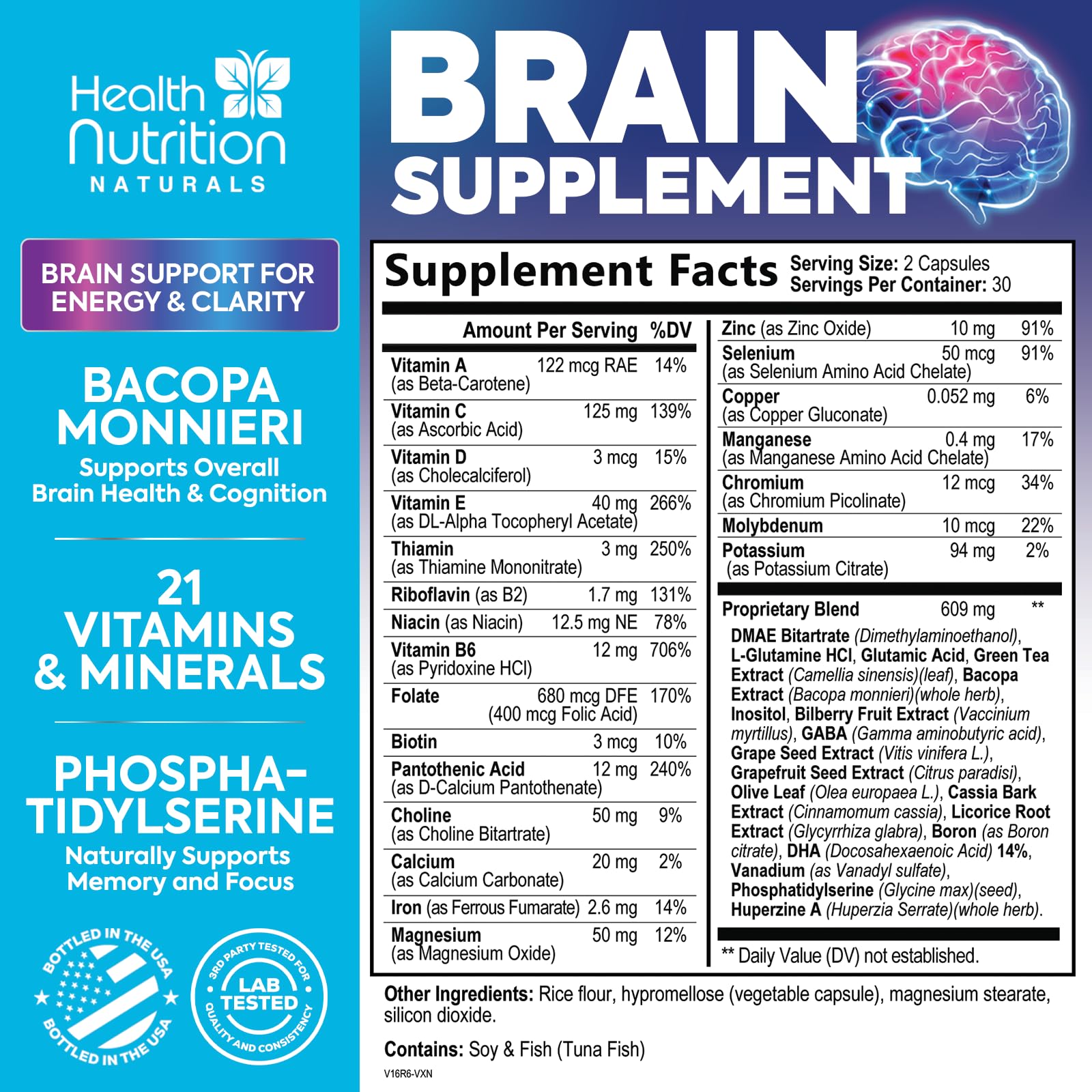 Brain Memory Supplement - 3X Strength Nootropics for Concentration, Clarity & Focus Support - Brain Health Cognitive Vitamins with Bacopa, Phosphatidylserine & DMAE 609mg, Brain Booster, 60 Capsules Health Nutrition Naturals Au supplements