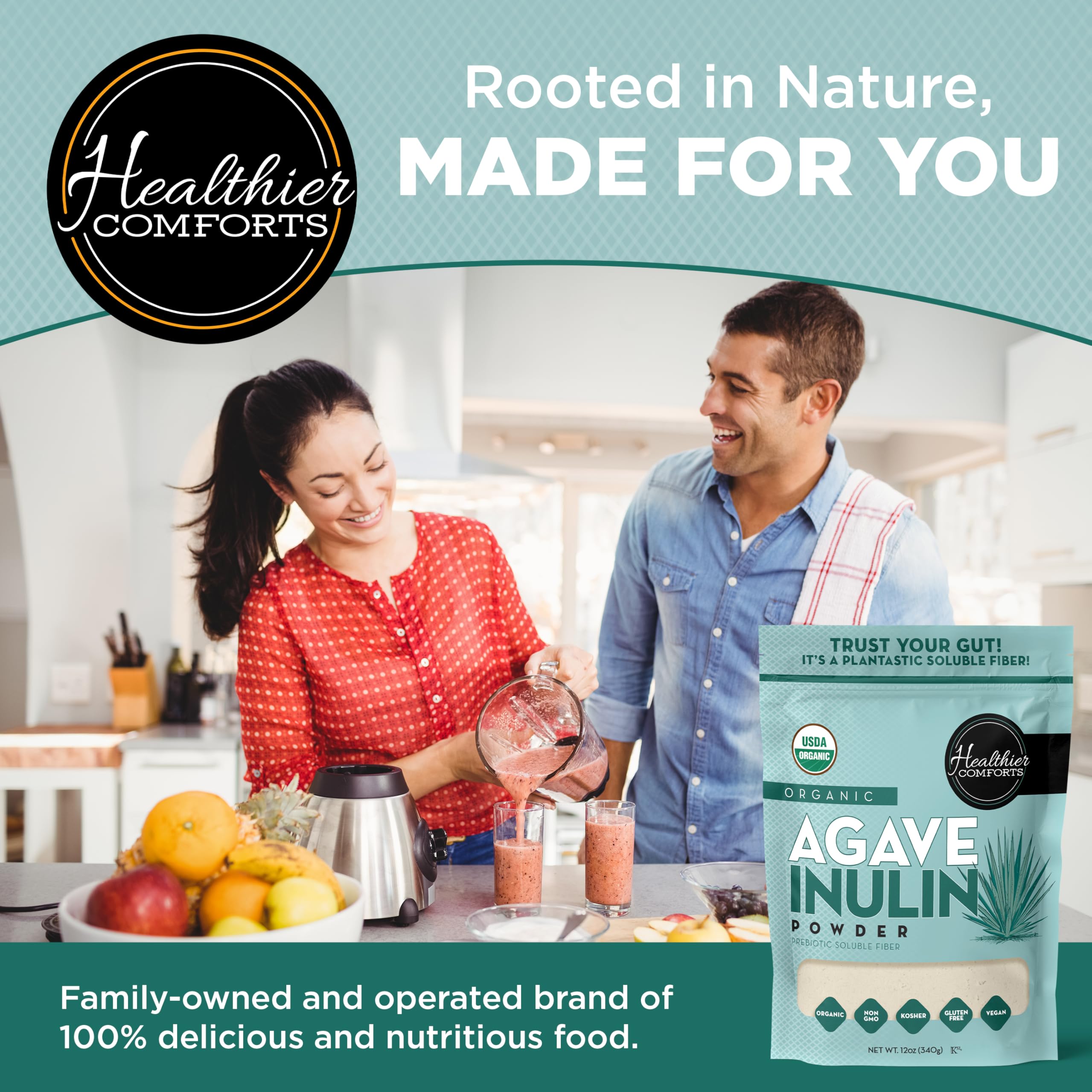Healthier Comforts Organic Inulin Powder (12 oz) from Blue Agave | Soluble Prebiotic Fiber, Gentle on Digestion, Non-GMO | Perfect for Coffee, Baking & Cooking