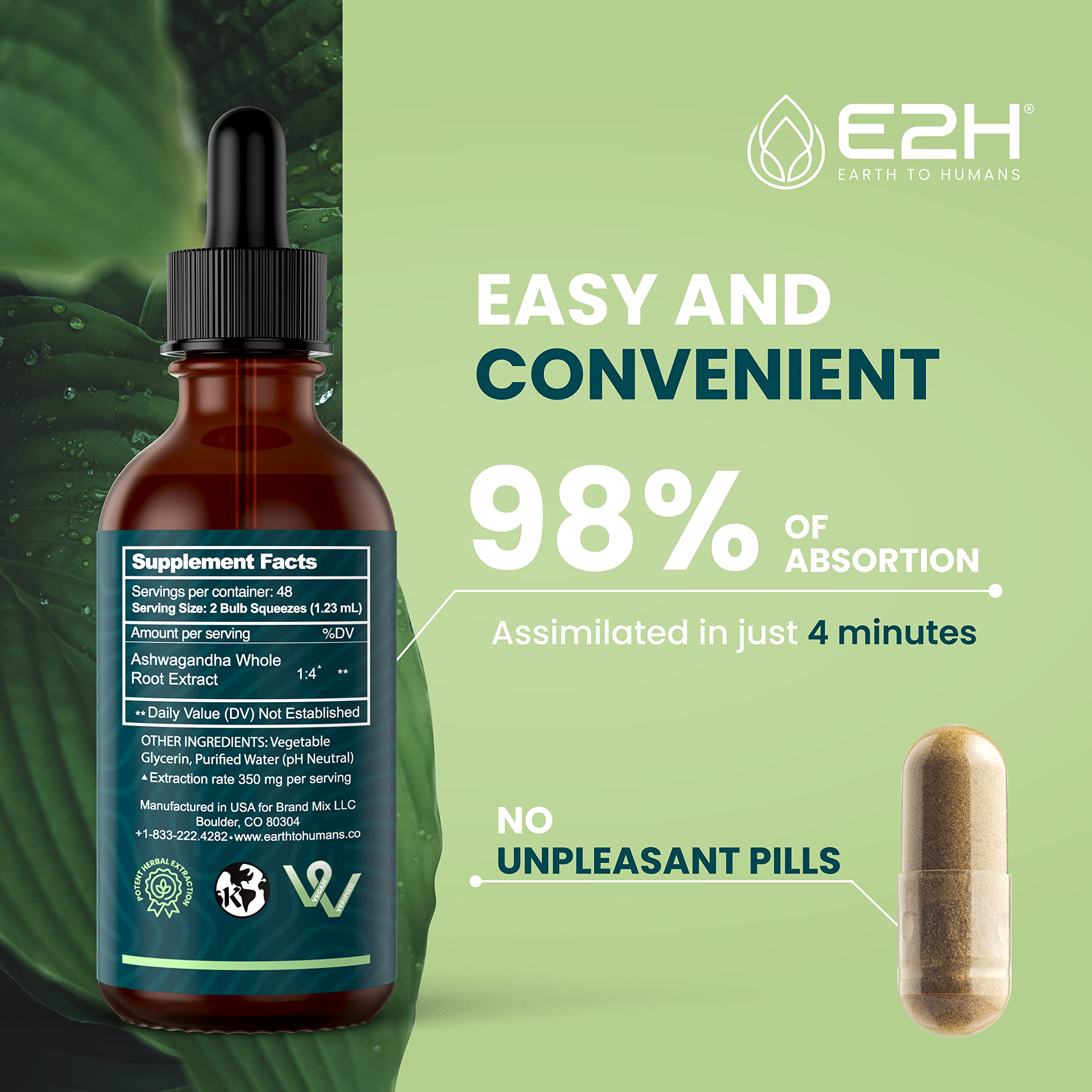 E2H Ashwagandha Liquid Drops - All-Natural Ashwagandha Supplement for Stress Relief and Mood Enhancer- Organic Ashwagandha Root Extract Effective Cortisol Manager | Non-GMO, Vegan | 2 Fl Oz E2H EARTH TO HUMANS Au supplements