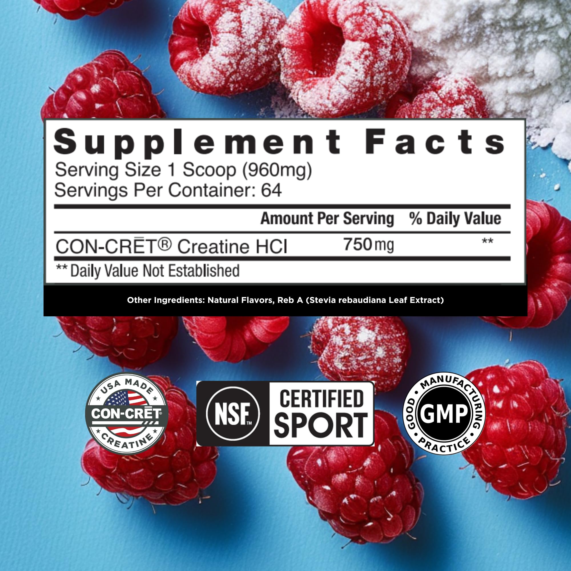 CON-CRET Creatine HCl Powder | Muscle, Cognitive, Cellular Energy Support | No Bloating or Cramps | USA Made & NSF Certified | Raspberry (64 Serving) CON-CRET Au supplements