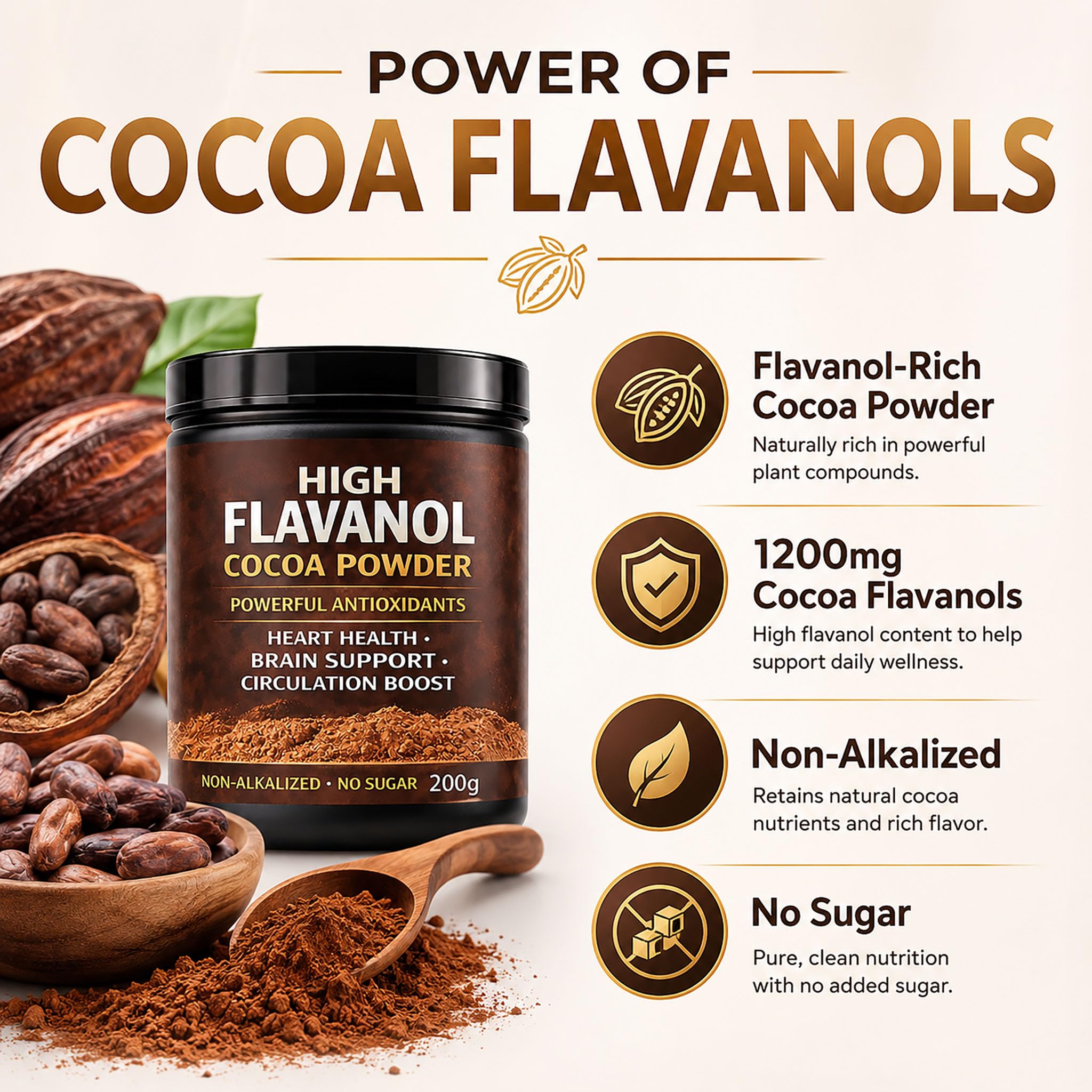 High Flavanol Cocoa Powder, Flavanol Rich Cocoa Powder– 1200mg Cocoa Flavanols – 10X More Flavanols – Supports Heart Health, Nitric Oxide & Energy