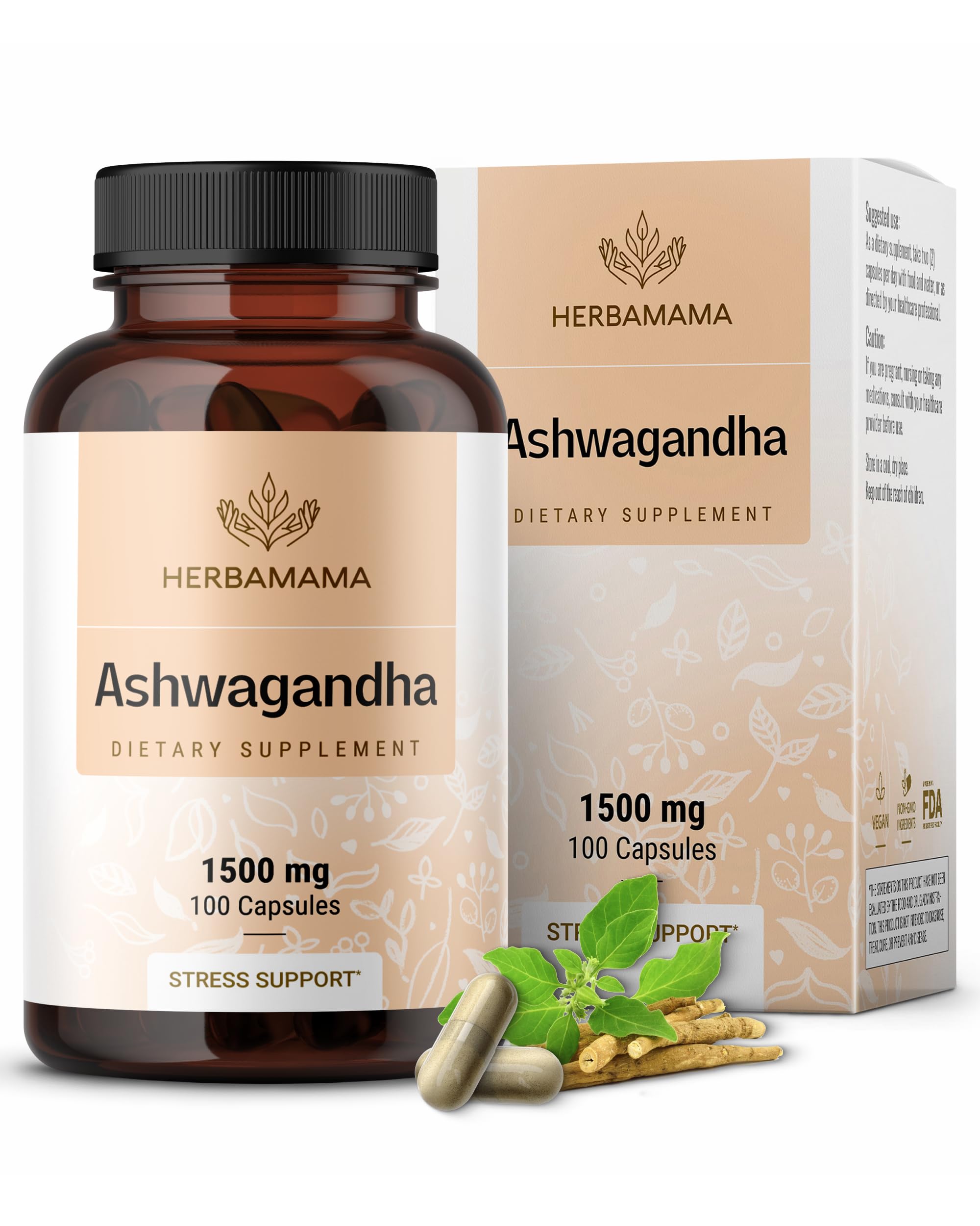 HERBAMAMA Ashwagandha Capsules - 1500mg Pure Ashwagandha Root Focus Supplement - Vegan, Non-GMO Mood & Calm Support Supplement for Adults, 100 Caps HERBAMAMA Au supplements