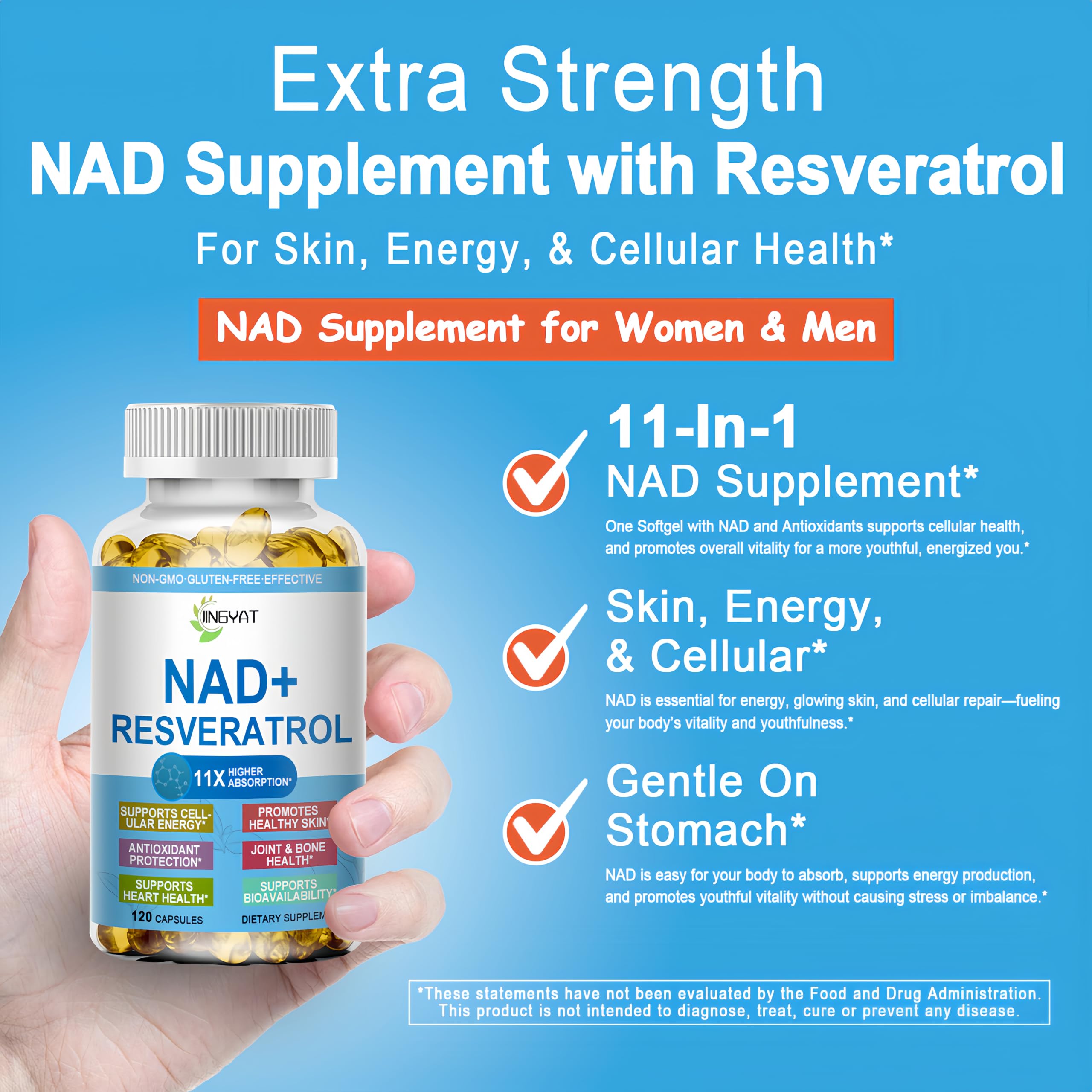 JINGYAT 11-in-1 NAD Supplement with Resveratrol, CoQ10, Quercetin, Collagen, Grape Seed for Cellular Energy, Mental Focus & Antioxidant Support - NAD Supplement for Women & Men, 120 Soft Capsules JINGYAT Au supplements