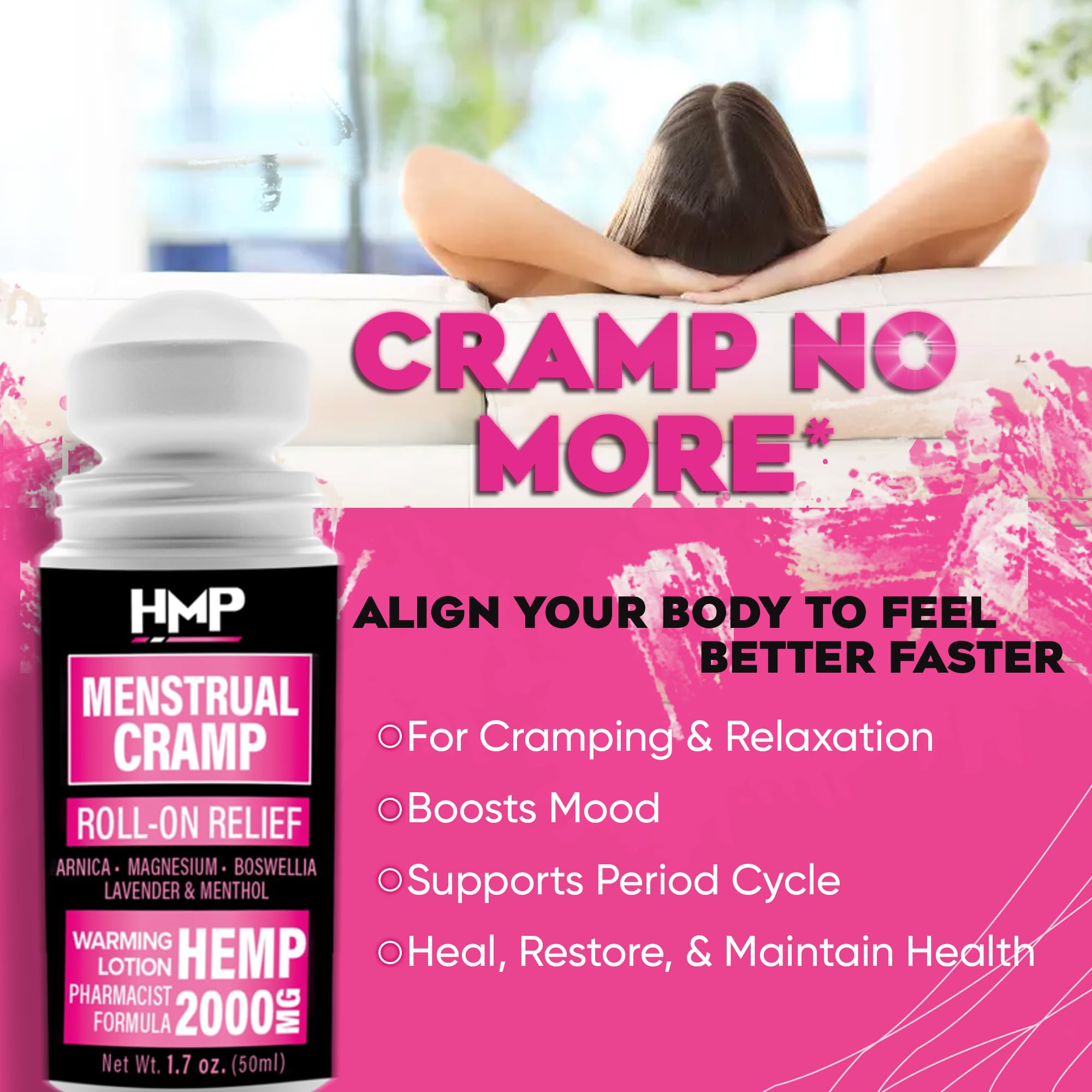 HMP BRANDS Menstrual Cramp Hemp Warming ROLL-ON 2000MG w Arnica & Menthol Made in USA Natural Formula 1.7oz HMP BRANDS Au supplements